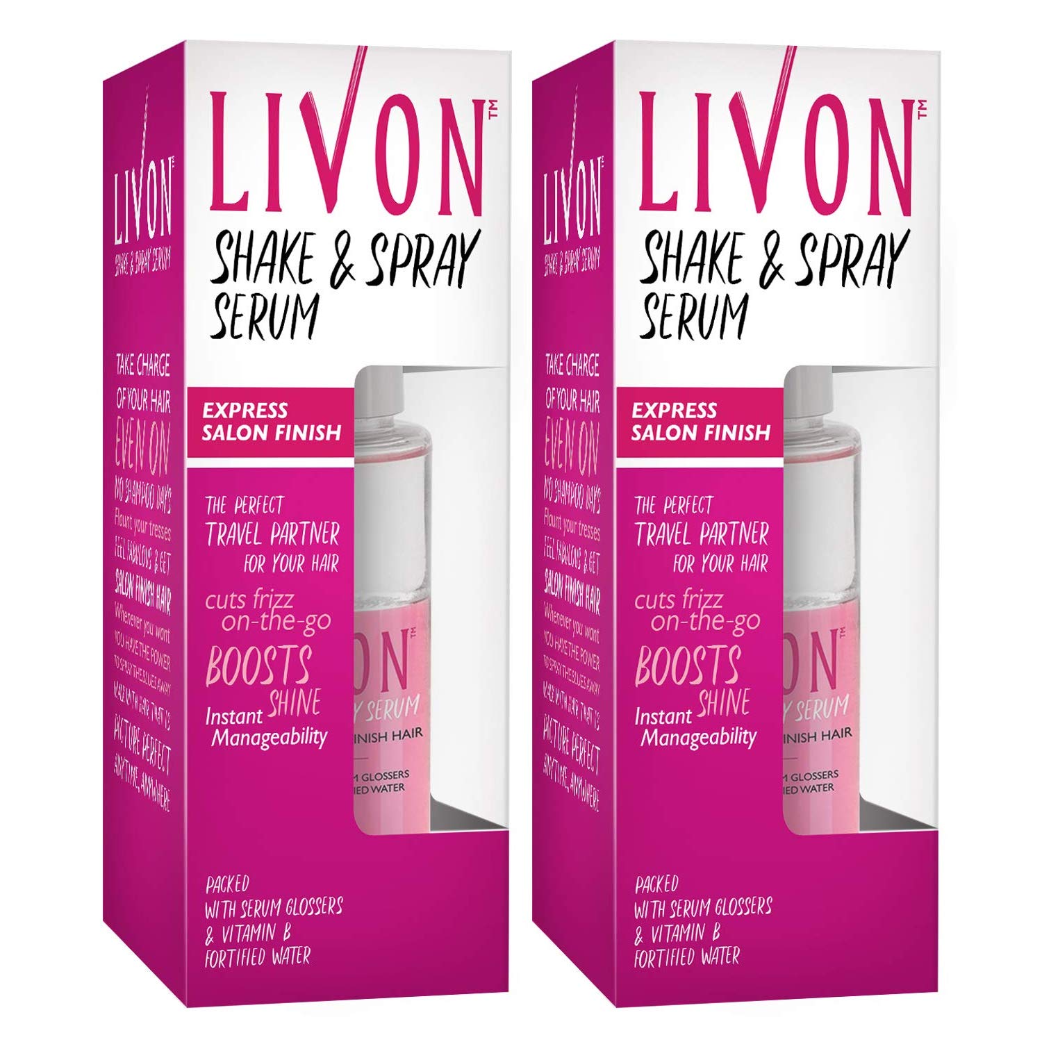 Twin pack of Livon Shake & Spray frizz control serum