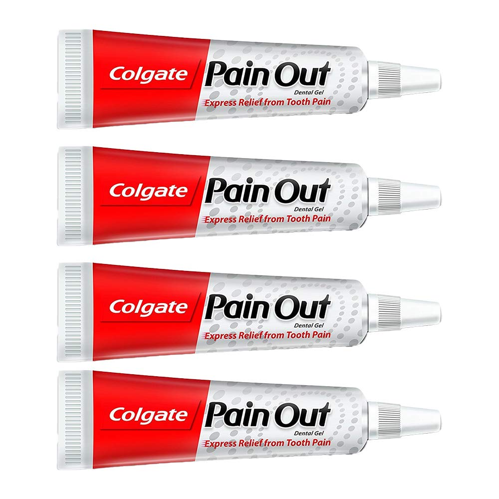 Four 10 ml Colgate PainOut gel tubes for tooth pain