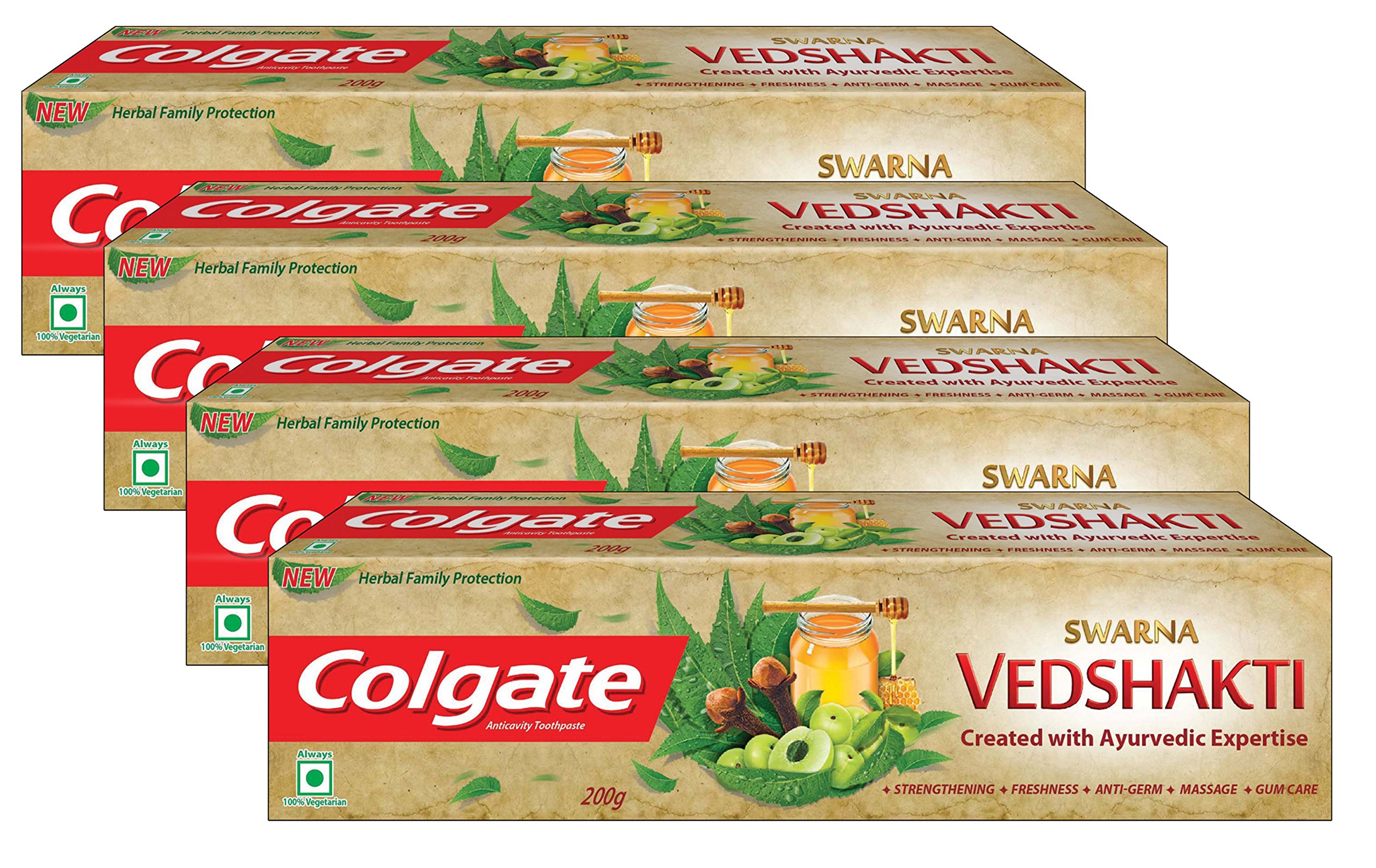 Front view of Colgate Swarna Vedshakti toothpaste 100 g box