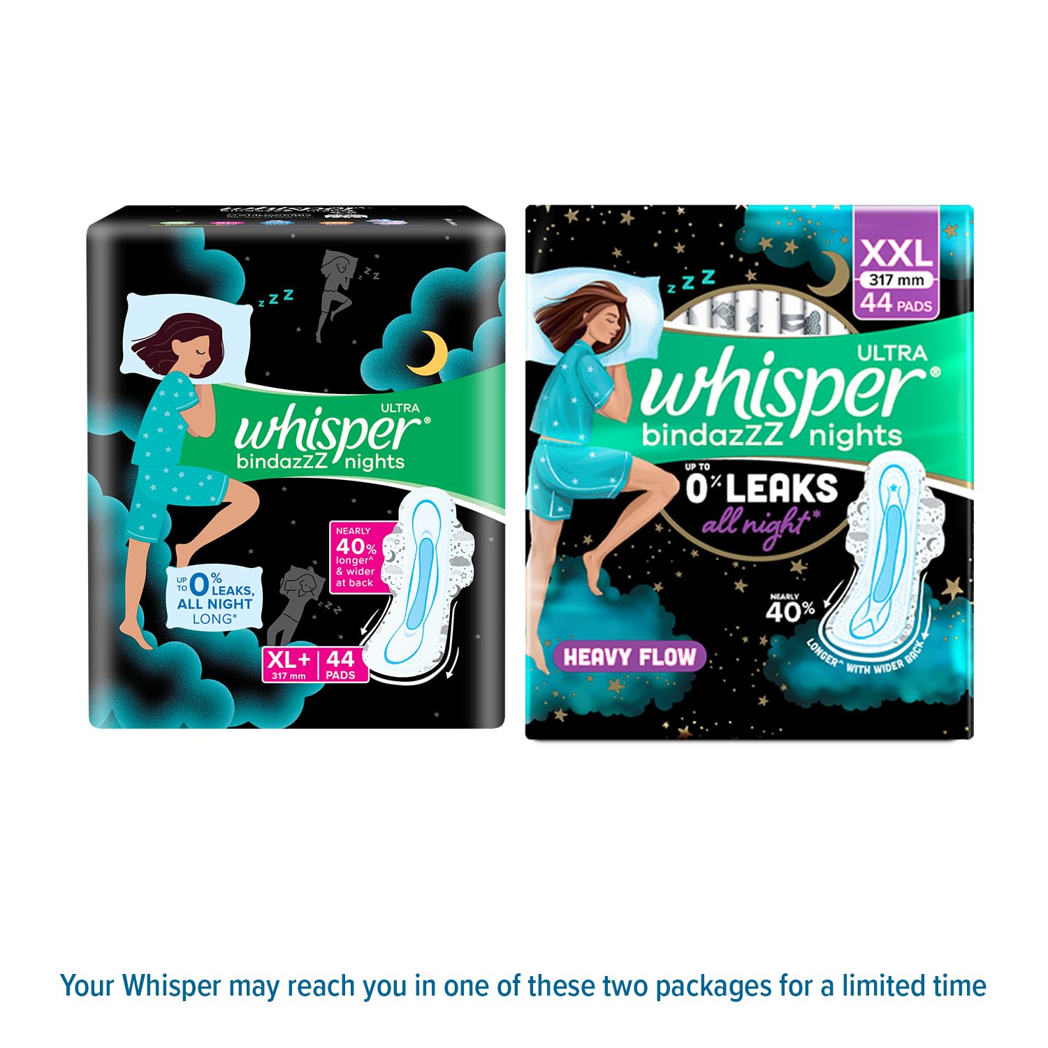 Whisper Bindazzz Nights 44 XXL Sanitary Pads, Upto 0% Leaks All Night Long, For Heavy Flow, Nearly 40% Longer with Wider Back, Active odor lock so you feel fresh, Disposable Wrapper – view 2
