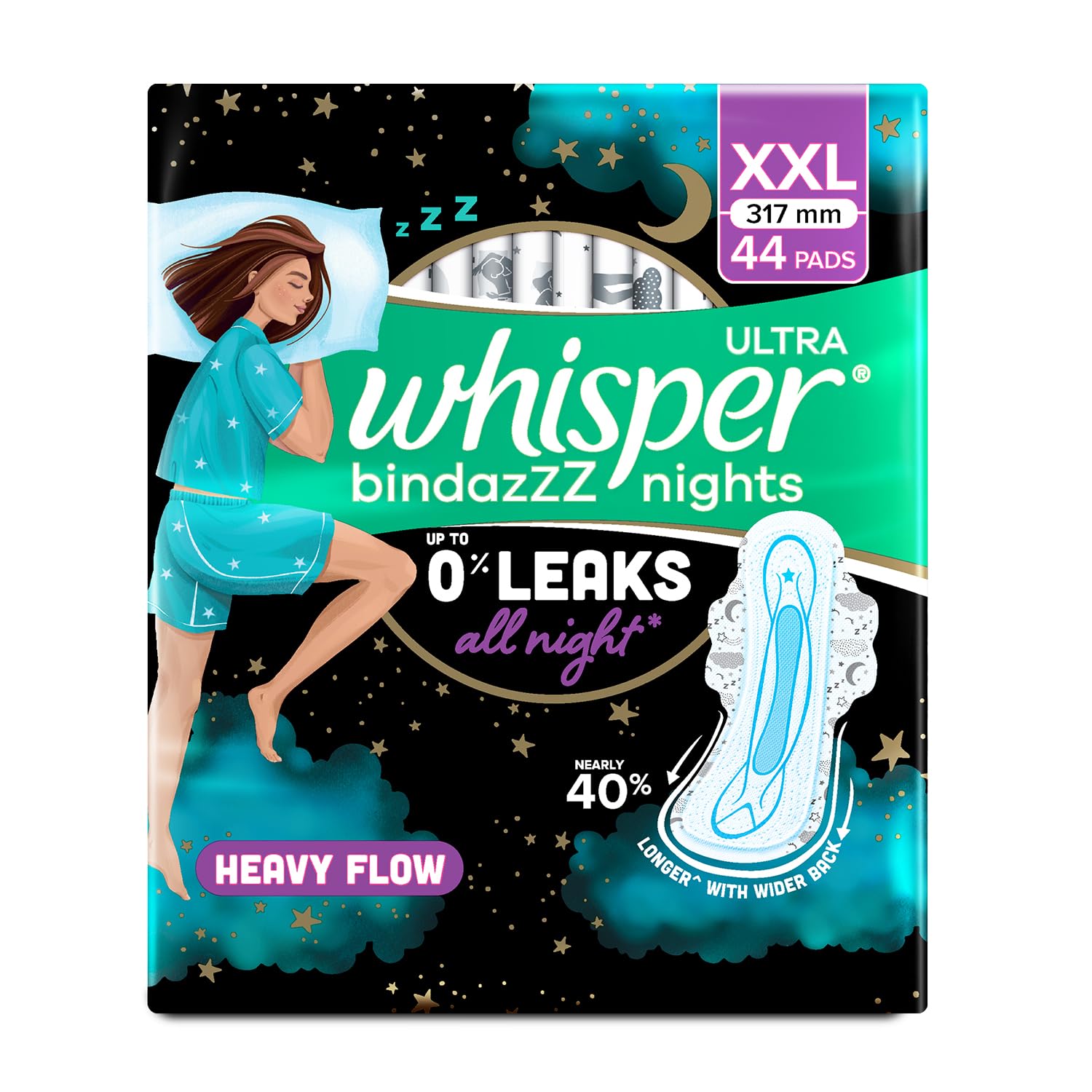 Whisper Bindazzz Nights 44 XXL Sanitary Pads, Upto 0% Leaks All Night Long, For Heavy Flow, Nearly 40% Longer with Wider Back, Active odor lock so you feel fresh, Disposable Wrapper – view 8
