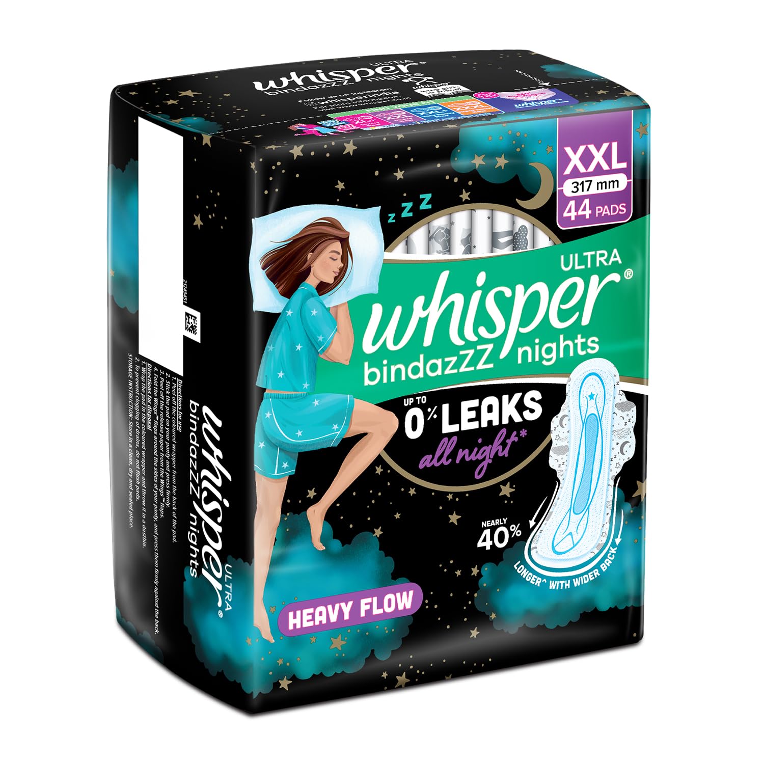 Whisper Bindazzz Nights 44 XXL Sanitary Pads, Upto 0% Leaks All Night Long, For Heavy Flow, Nearly 40% Longer with Wider Back, Active odor lock so you feel fresh, Disposable Wrapper – view 9