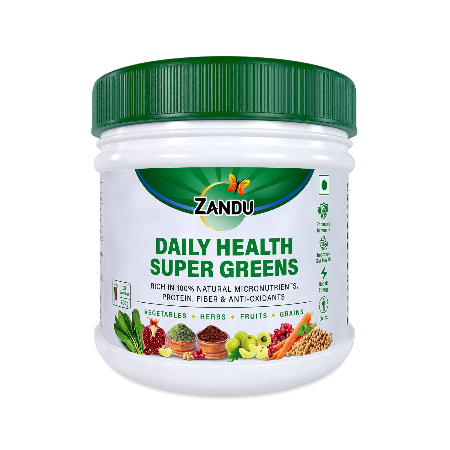 Zandu Daily Health Super Greens powder jar for daily nutrition