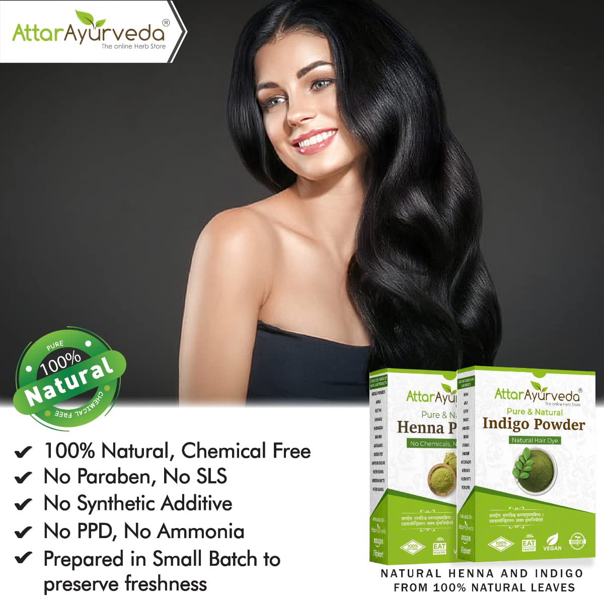 Attar Ayurveda Natural Dye for Black Hair (Henna Leaves powder, Indigo leaves powder combo pack) (200 grams + 200 grams = 400 grams total) – view 2