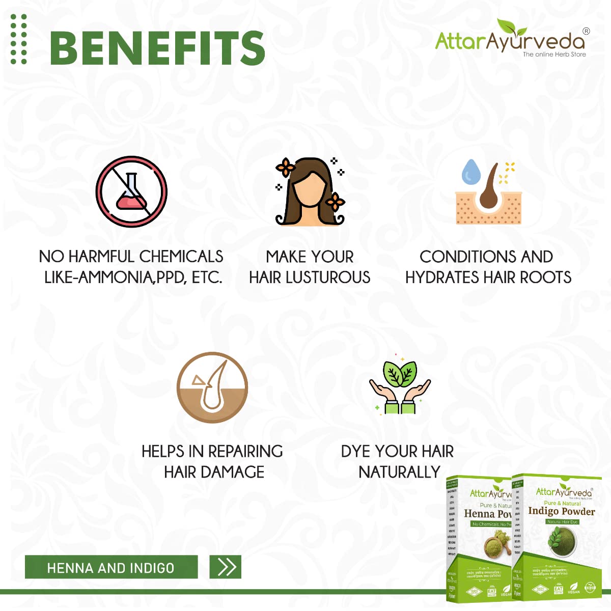 Attar Ayurveda Natural Dye for Black Hair (Henna Leaves powder, Indigo leaves powder combo pack) (200 grams + 200 grams = 400 grams total) – view 3