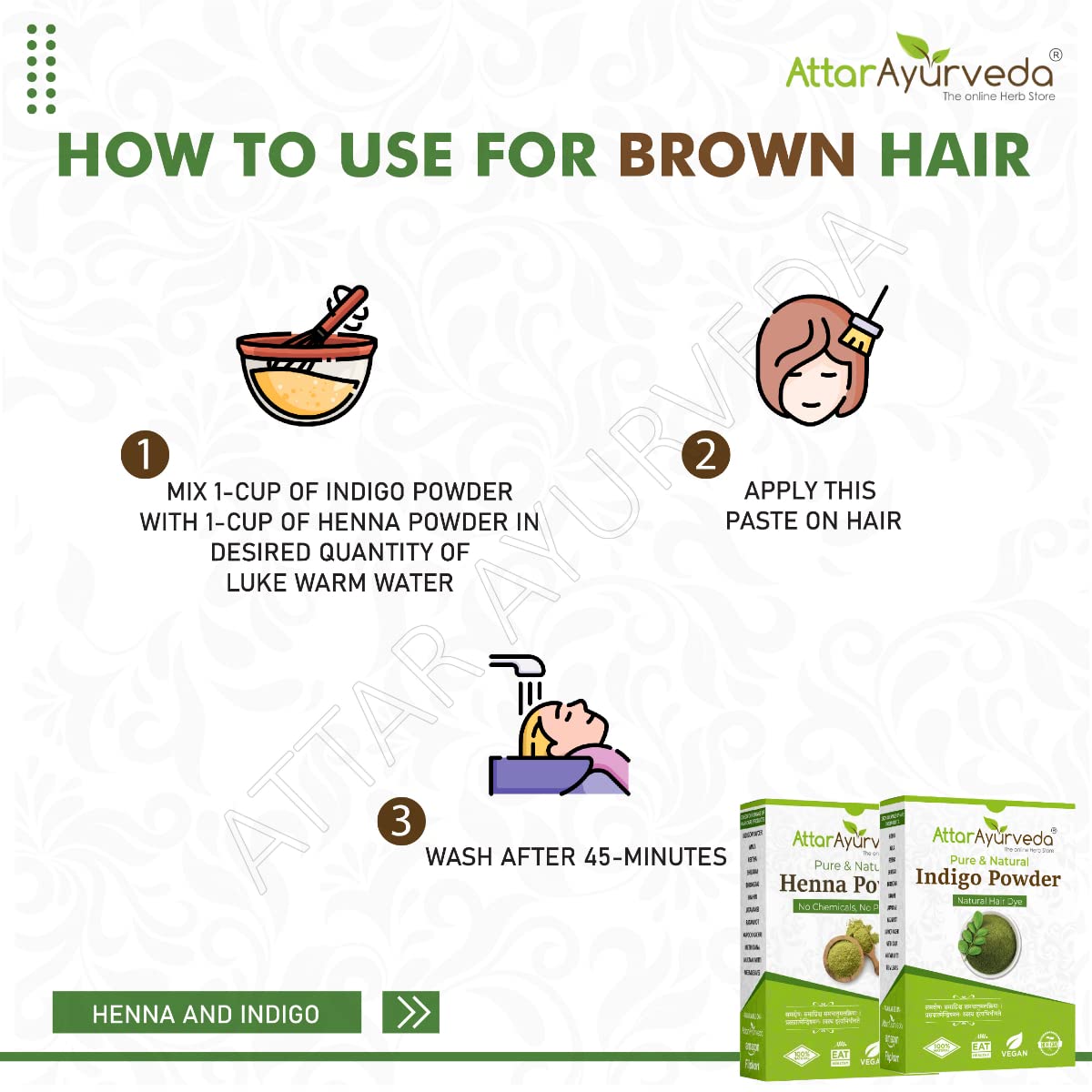 Attar Ayurveda Natural Dye for Black Hair (Henna Leaves powder, Indigo leaves powder combo pack) (200 grams + 200 grams = 400 grams total) – view 4