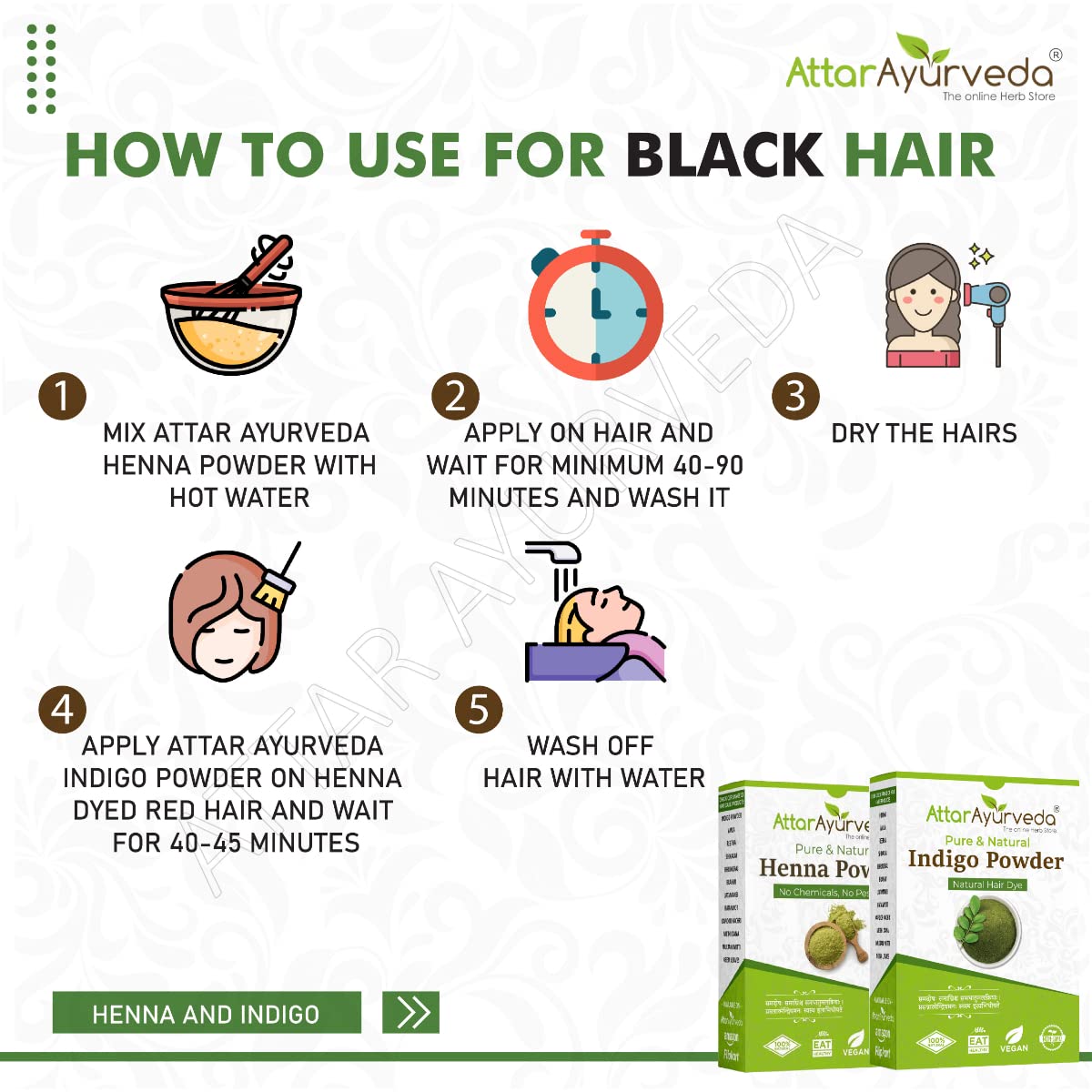 Attar Ayurveda Natural Dye for Black Hair (Henna Leaves powder, Indigo leaves powder combo pack) (200 grams + 200 grams = 400 grams total) – view 5