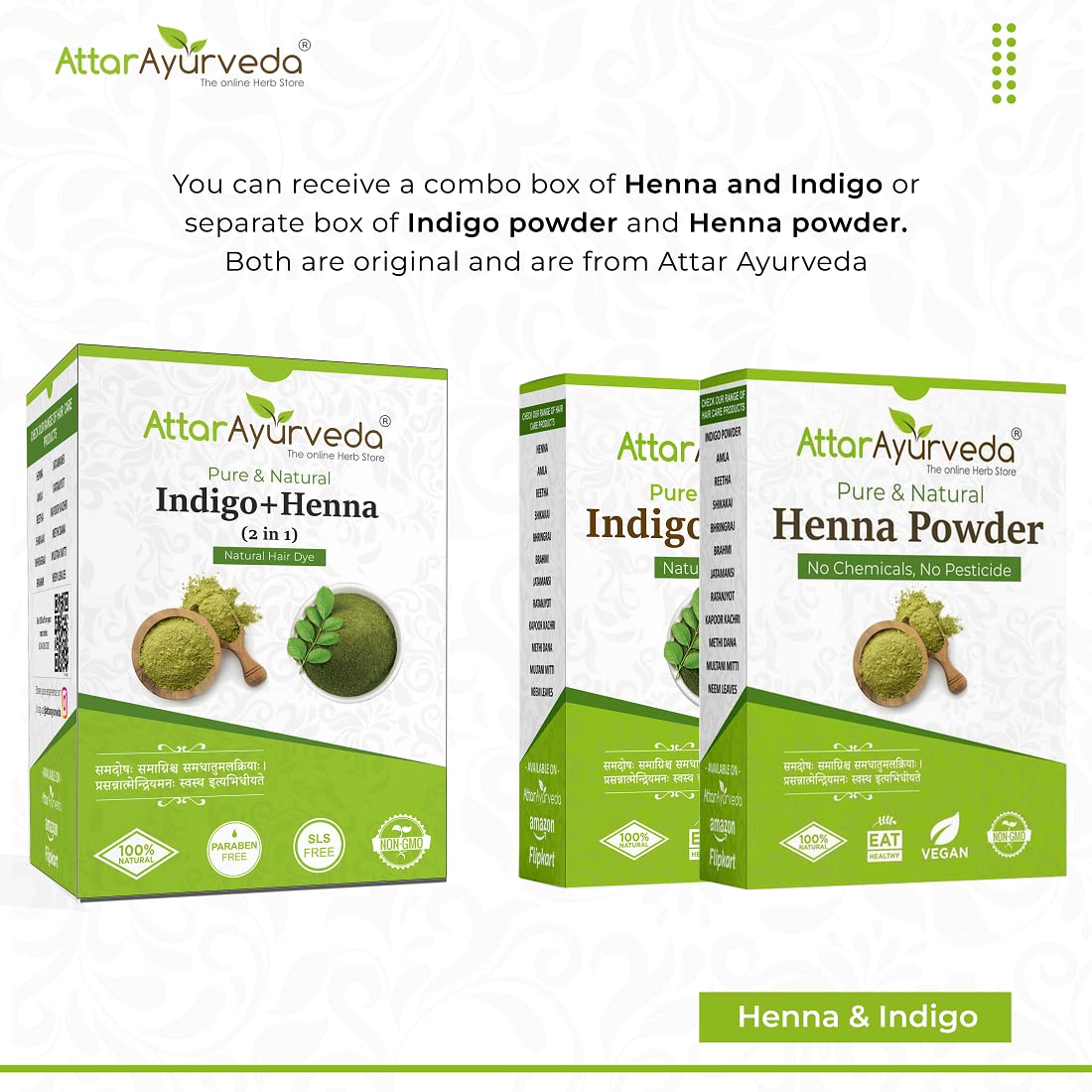 Attar Ayurveda Natural Dye for Black Hair (Henna Leaves powder, Indigo leaves powder combo pack) (200 grams + 200 grams = 400 grams total) – view 6