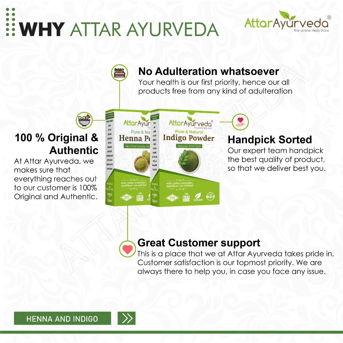 Attar Ayurveda Natural Dye for Black Hair (Henna Leaves powder, Indigo leaves powder combo pack) (200 grams + 200 grams = 400 grams total) – view 7