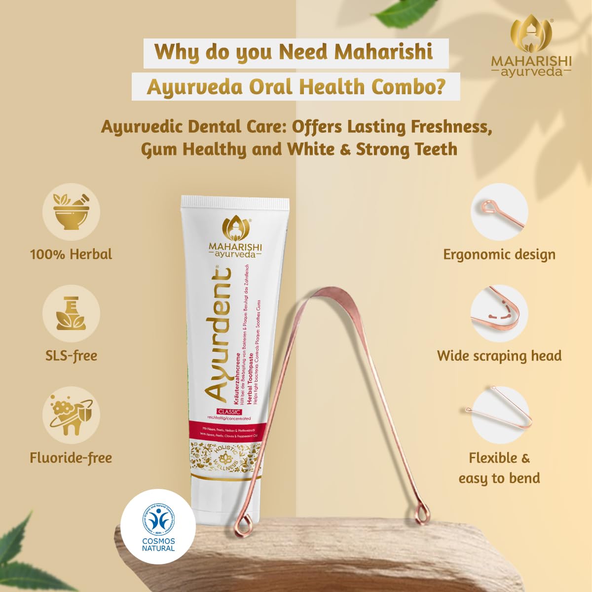 Maharishi Ayurveda Ayurdent Classic Toothpaste&Copper Tongue Cleaner Combo Fluoride&Sls-Free Toothpaste For Stronger Teeth Premium Copper Oral Tongue Scraper For Bacteria&Plaque Removal,1 Count – view 7