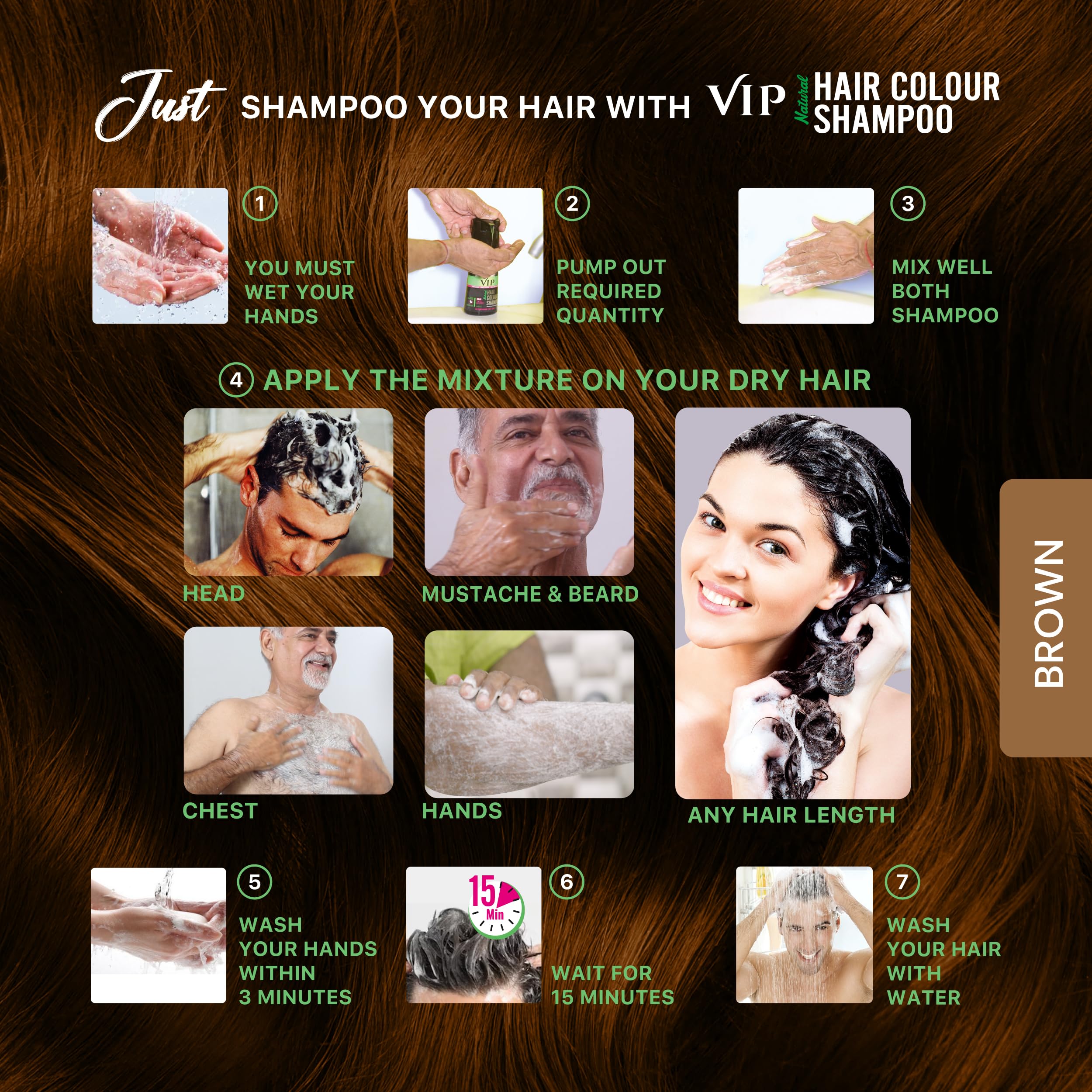 VIP HAIR COLOUR SHAMPOO Brown , 180Ml For Women And Men – view 3