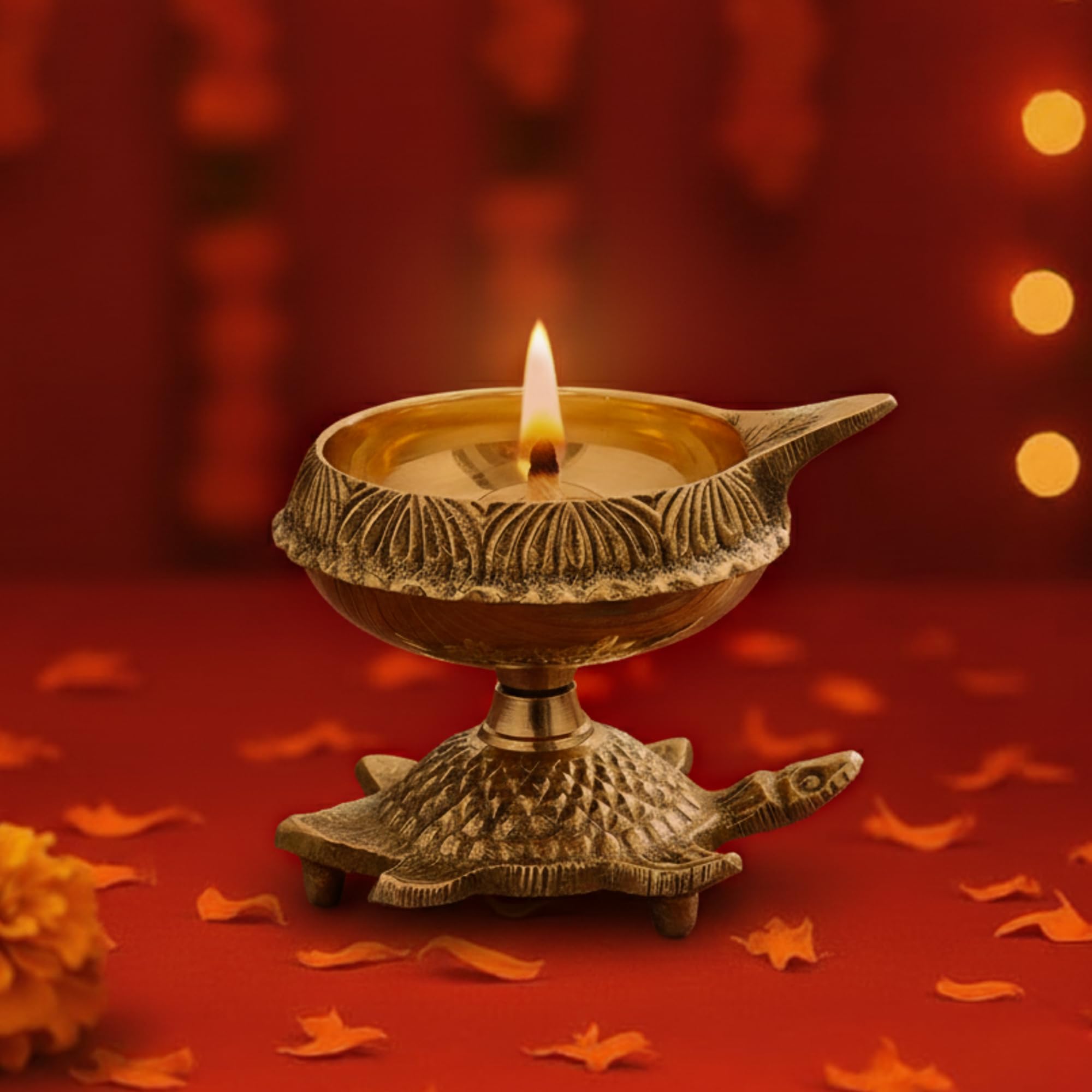 Collectible India Brass Diya Oil Puja Lamp Engraved Design Dia with Turtle Base for Home Temple Pooja Articles Decor Gifts (1Pcs). – view 2