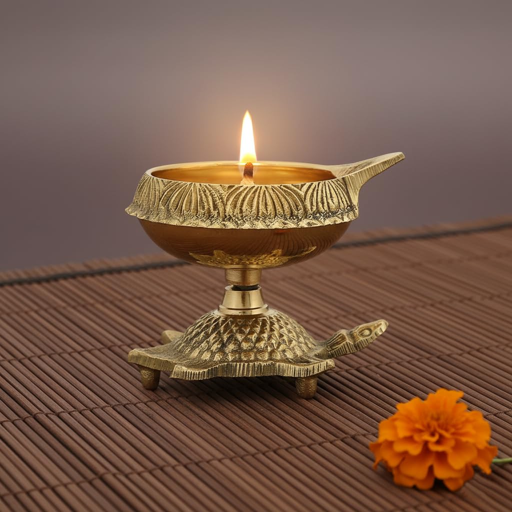 Collectible India Brass Diya Oil Puja Lamp Engraved Design Dia with Turtle Base for Home Temple Pooja Articles Decor Gifts (1Pcs). – view 3
