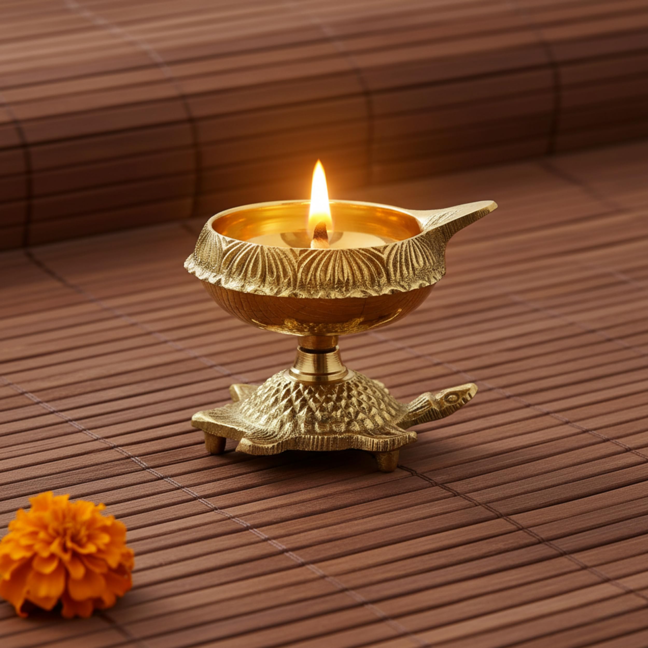 Collectible India Brass Diya Oil Puja Lamp Engraved Design Dia with Turtle Base for Home Temple Pooja Articles Decor Gifts (1Pcs). – view 4