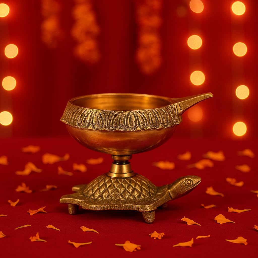 Collectible India Brass Diya Oil Puja Lamp Engraved Design Dia with Turtle Base for Home Temple Pooja Articles Decor Gifts (1Pcs). – view 5