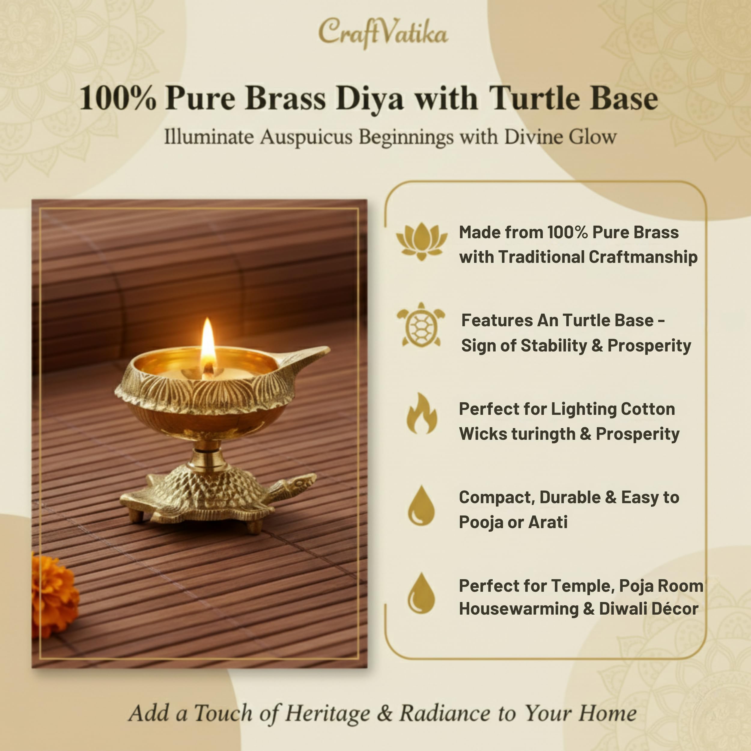 Collectible India Brass Diya Oil Puja Lamp Engraved Design Dia with Turtle Base for Home Temple Pooja Articles Decor Gifts (1Pcs). – view 6