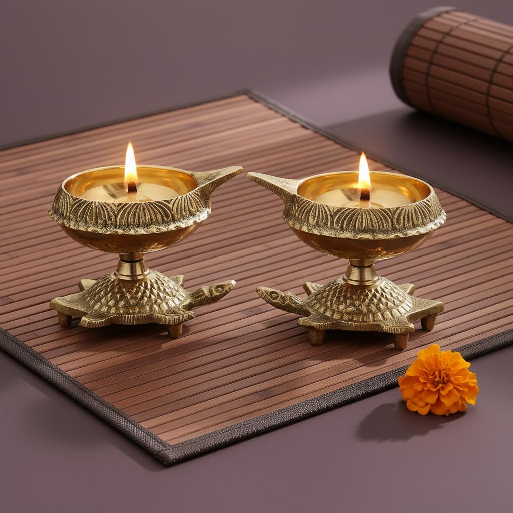 Collectible India Brass Diya Oil Puja Lamp Engraved Design Dia with Turtle Base for Home Temple Pooja Articles Decor Gifts (1Pcs). – view 7