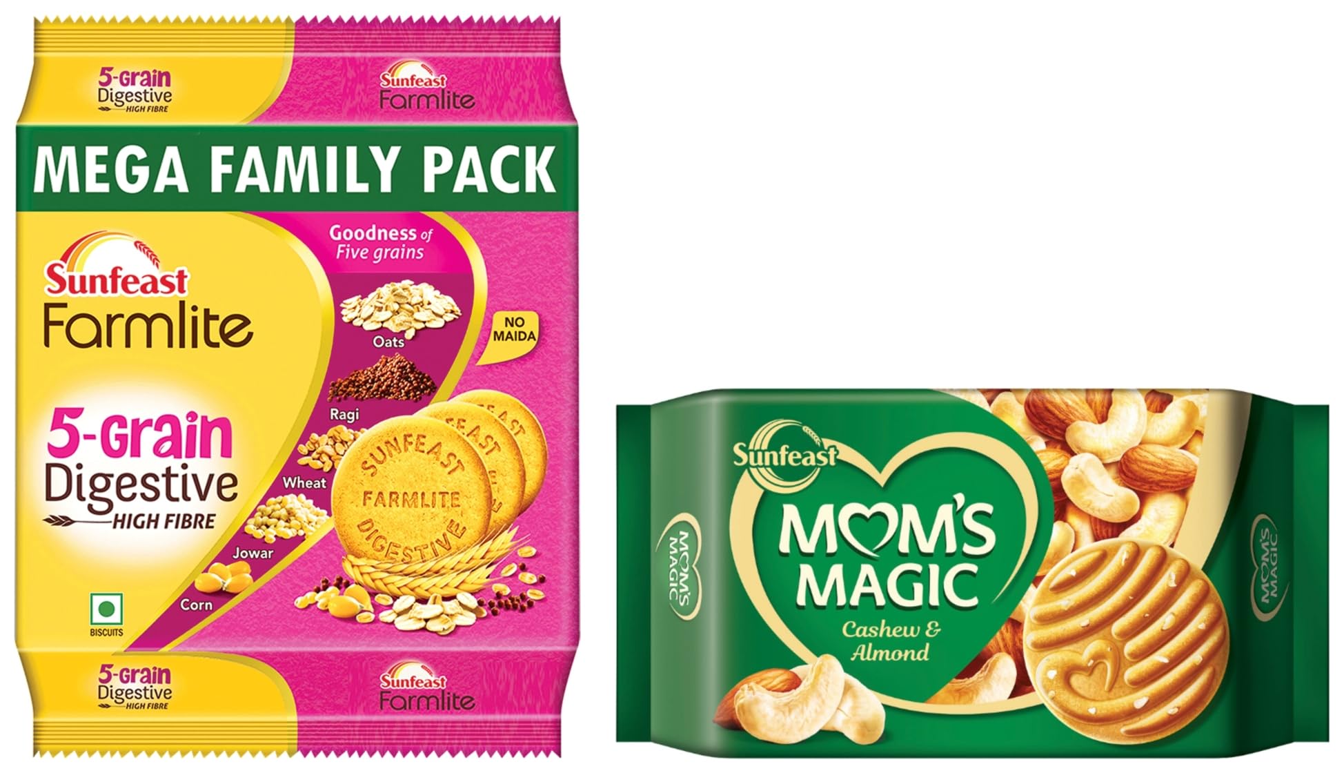 Sunfeast Farmlite 5 Grain Digestive Biscuit, High Fibre Biscuit, Goodness of 5 Grains, 800 g Pack & Mom's Magic Rich Cashew Almond Cookies, Roasted Cashew Almond, Rich Butter Biscuits, 584g
