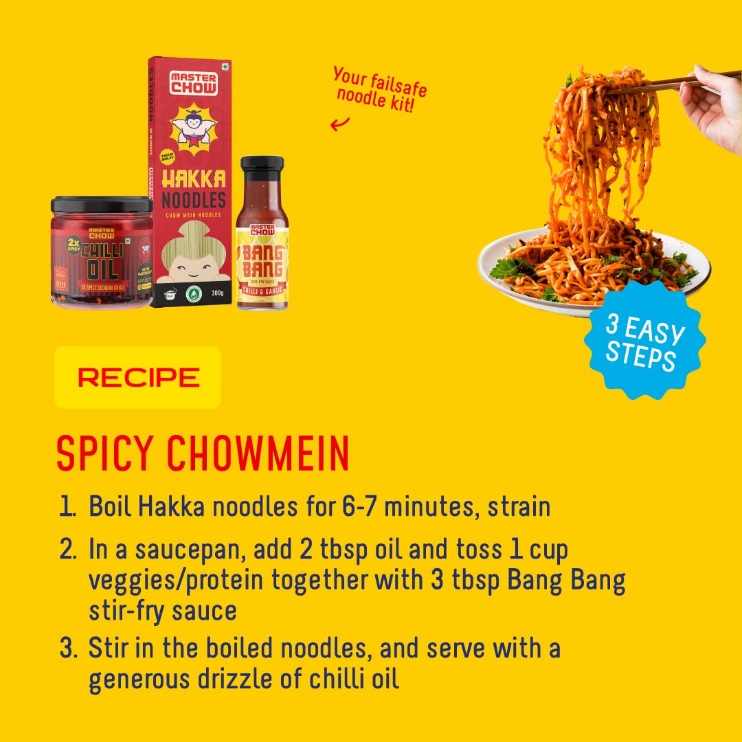 MasterChow Spicy Chowmein Pack - Extra Spicy 2x Chilli Oil Dip with Healthy Whole Wheat Noodles, Hakka Noodles & Bang Bang Chilli Garlic Cooking Sauce – view 6