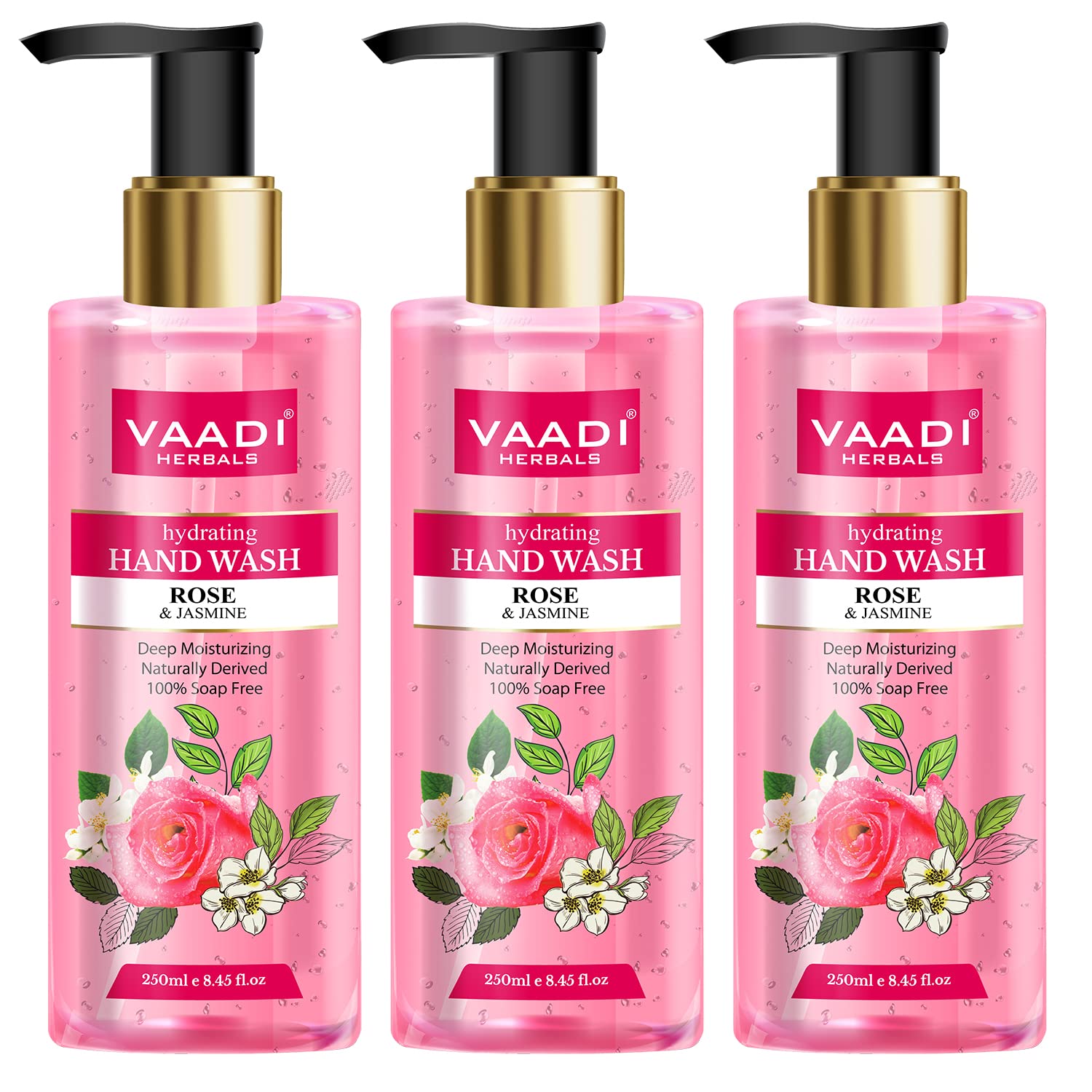 Hydrating rose and jasmine hand wash pack of three bottles