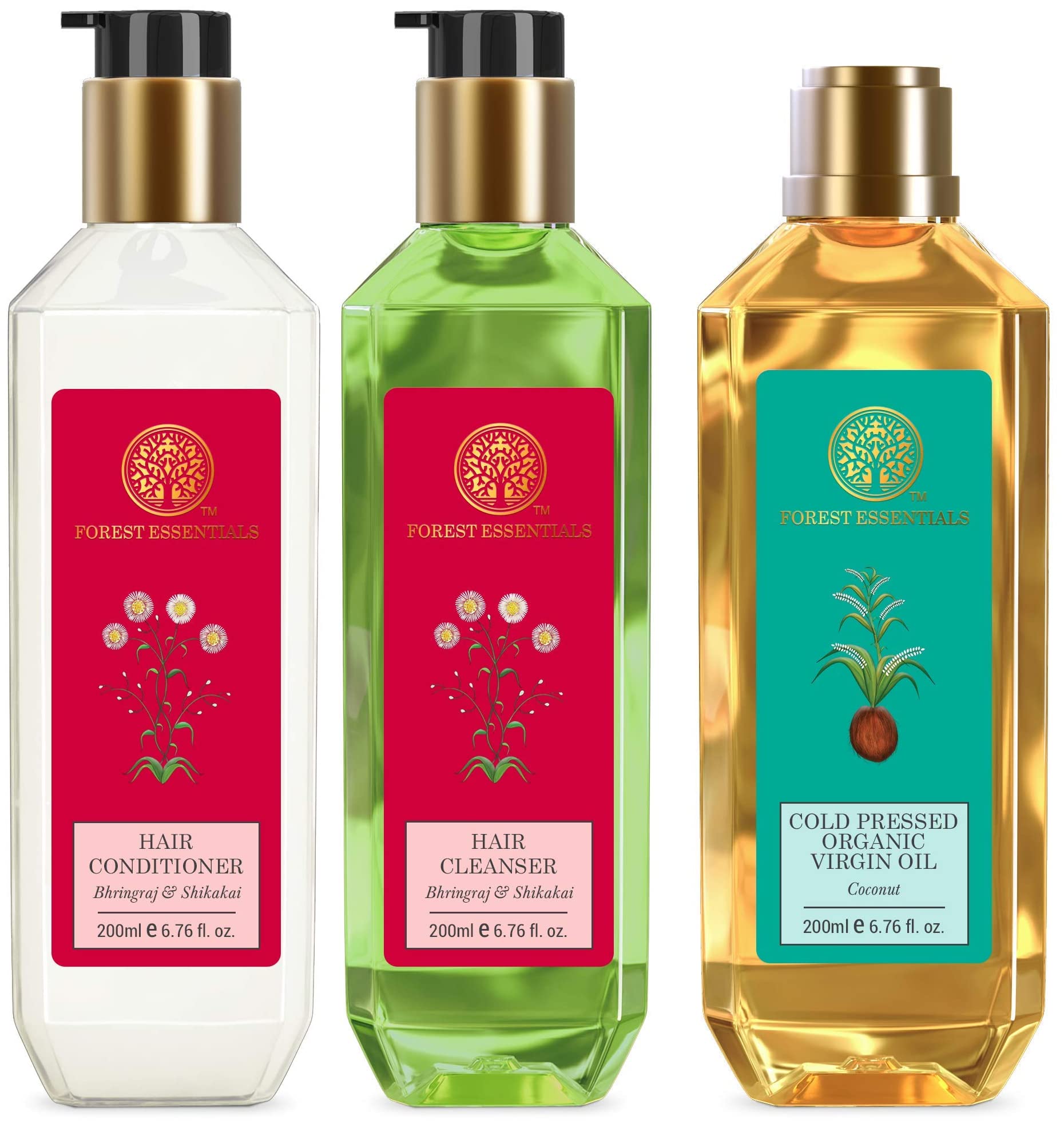 Forest Essentials conditioner, cleanser, and virgin coconut oil hair care set
