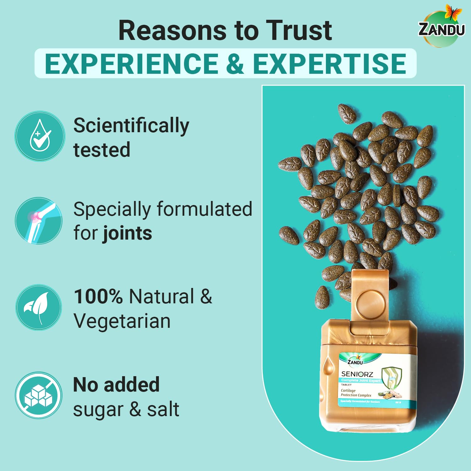 Zandu Seniorz Complete Joint Expert Tablet, 60 Tablets Helps Protect Joints, Relieve Joint Pain & Make Joints Strong, Supports Overall Joint Health,100% Ayurvedic & Natural Supplement – view 6