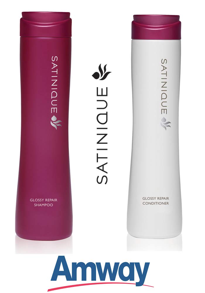 Amway Satinique Glossy Repair shampoo and conditioner bottles side by side