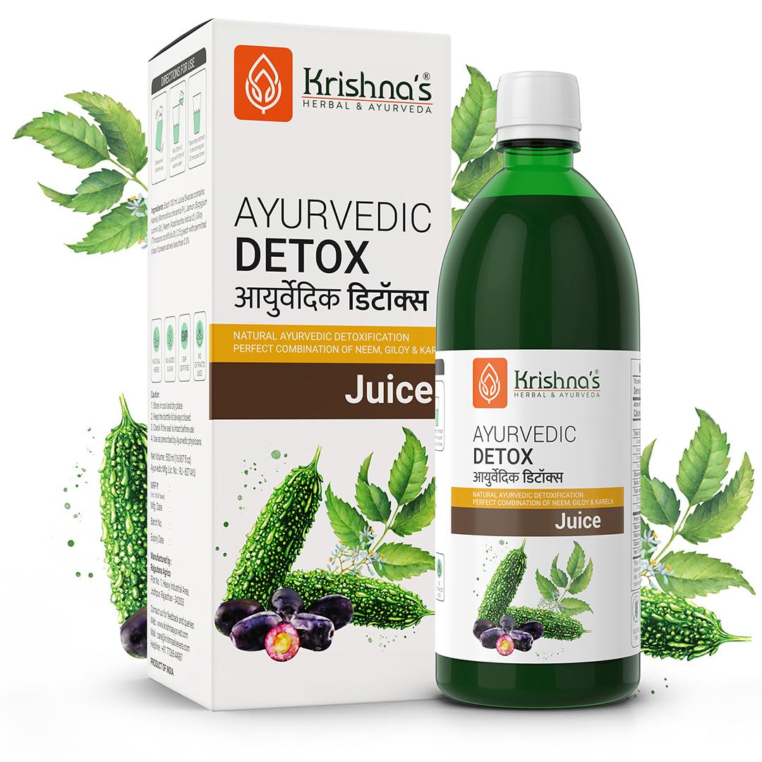 Krishna's Herbal & Ayurveda detox juice bottle with giloy karela jamun neem