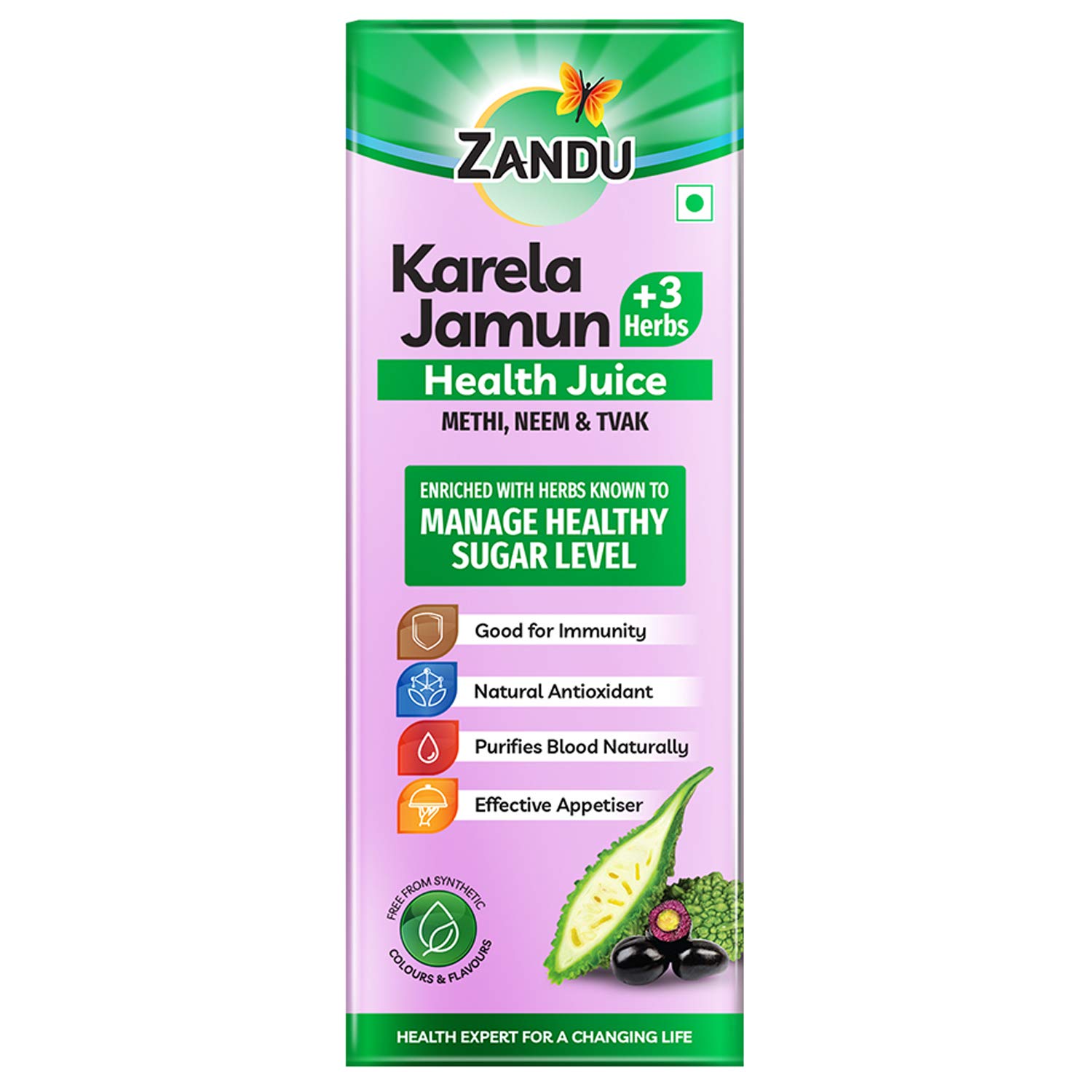 Front view of Zandu Karela Jamun 3 Herbs Health Juice bottle