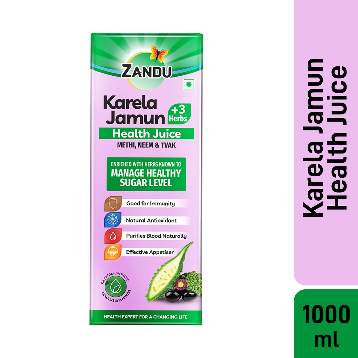 Zandu Karela Jamun Juice 1L, Controls Blood Sugar, Diabetes Care, with 3 added Herbs Methi, Neem and Tvak, No Added Sugar or Flavours – view 2
