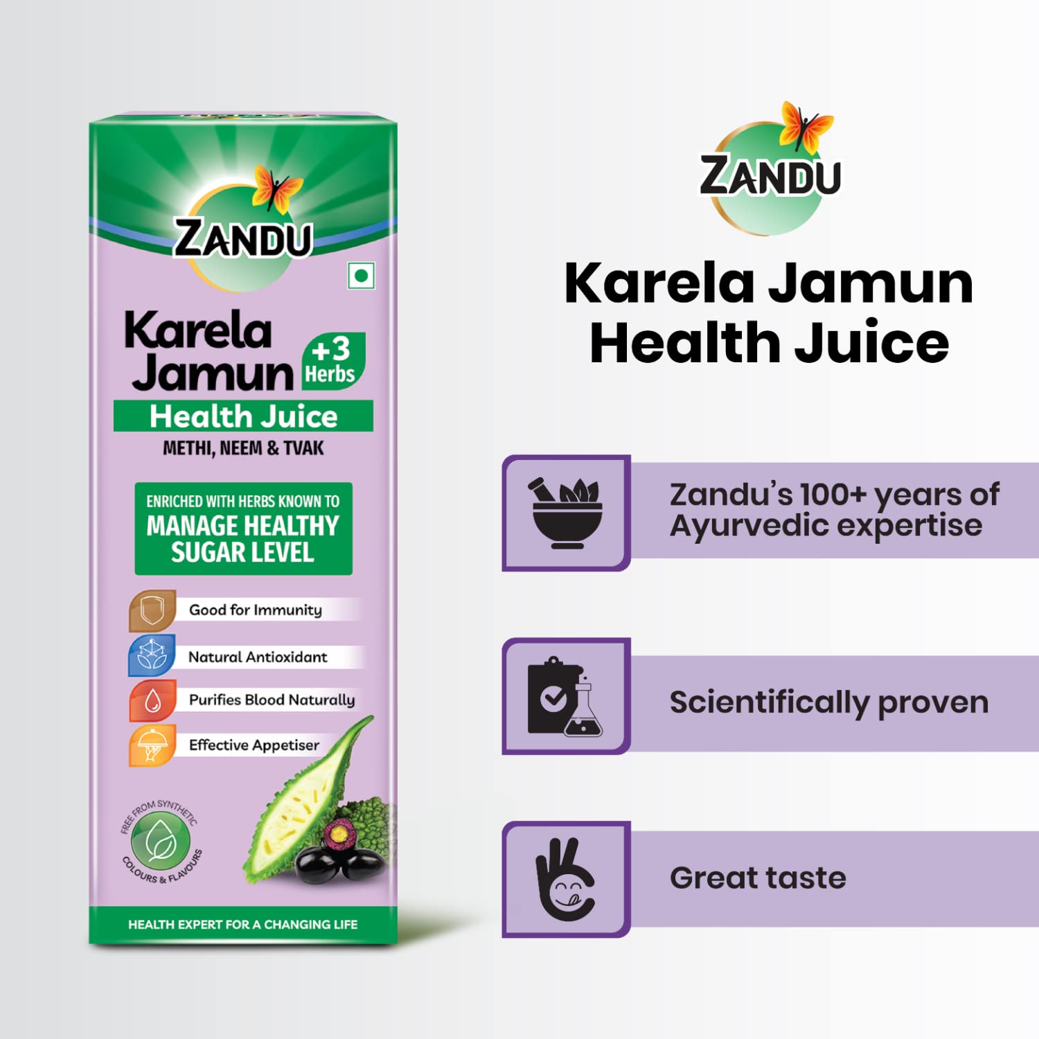 Zandu Karela Jamun Juice 1L, Controls Blood Sugar, Diabetes Care, with 3 added Herbs Methi, Neem and Tvak, No Added Sugar or Flavours – view 3