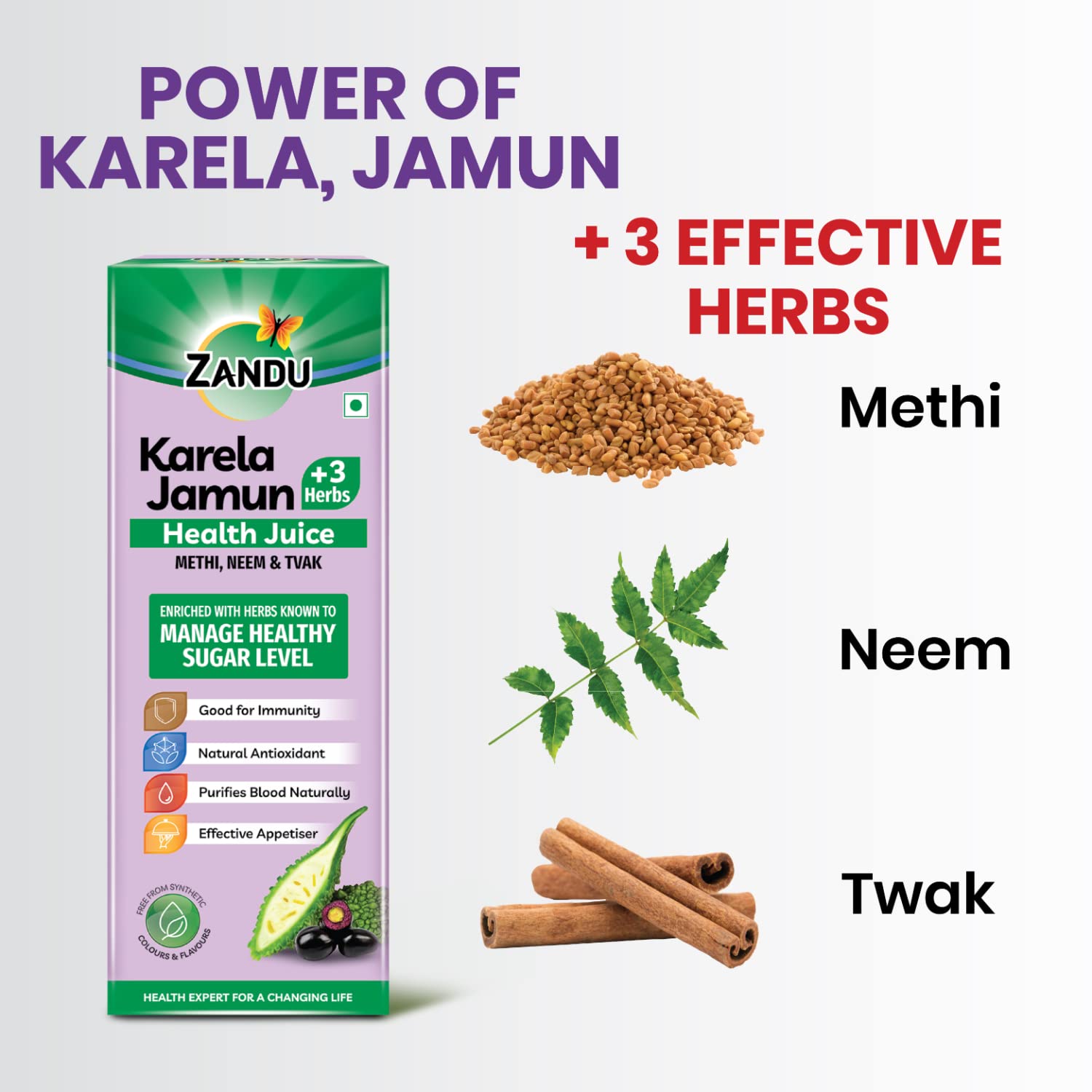 Zandu Karela Jamun Juice 1L, Controls Blood Sugar, Diabetes Care, with 3 added Herbs Methi, Neem and Tvak, No Added Sugar or Flavours – view 4