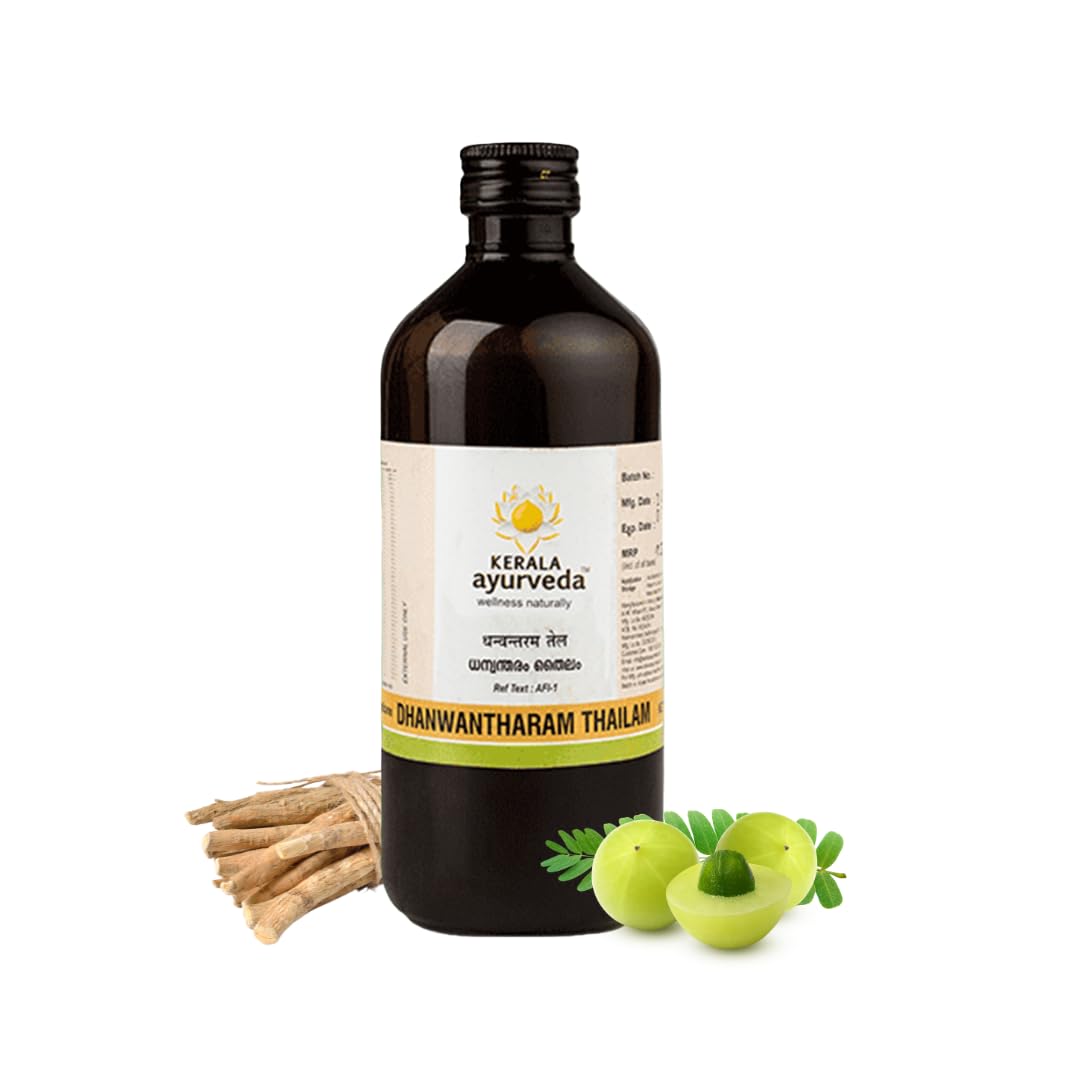 Bottle of Kerala Ayurveda Dhanawantaram Thailam Ayurvedic massage oil