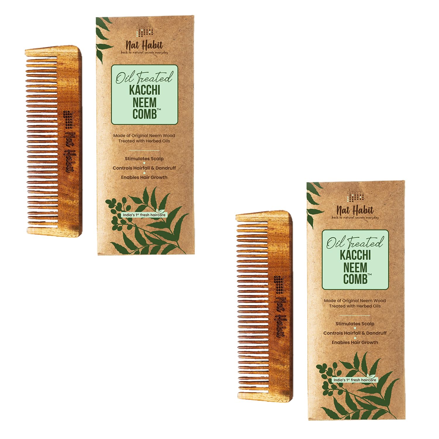 Nat Habit kacchi neem wooden pocket comb set of two