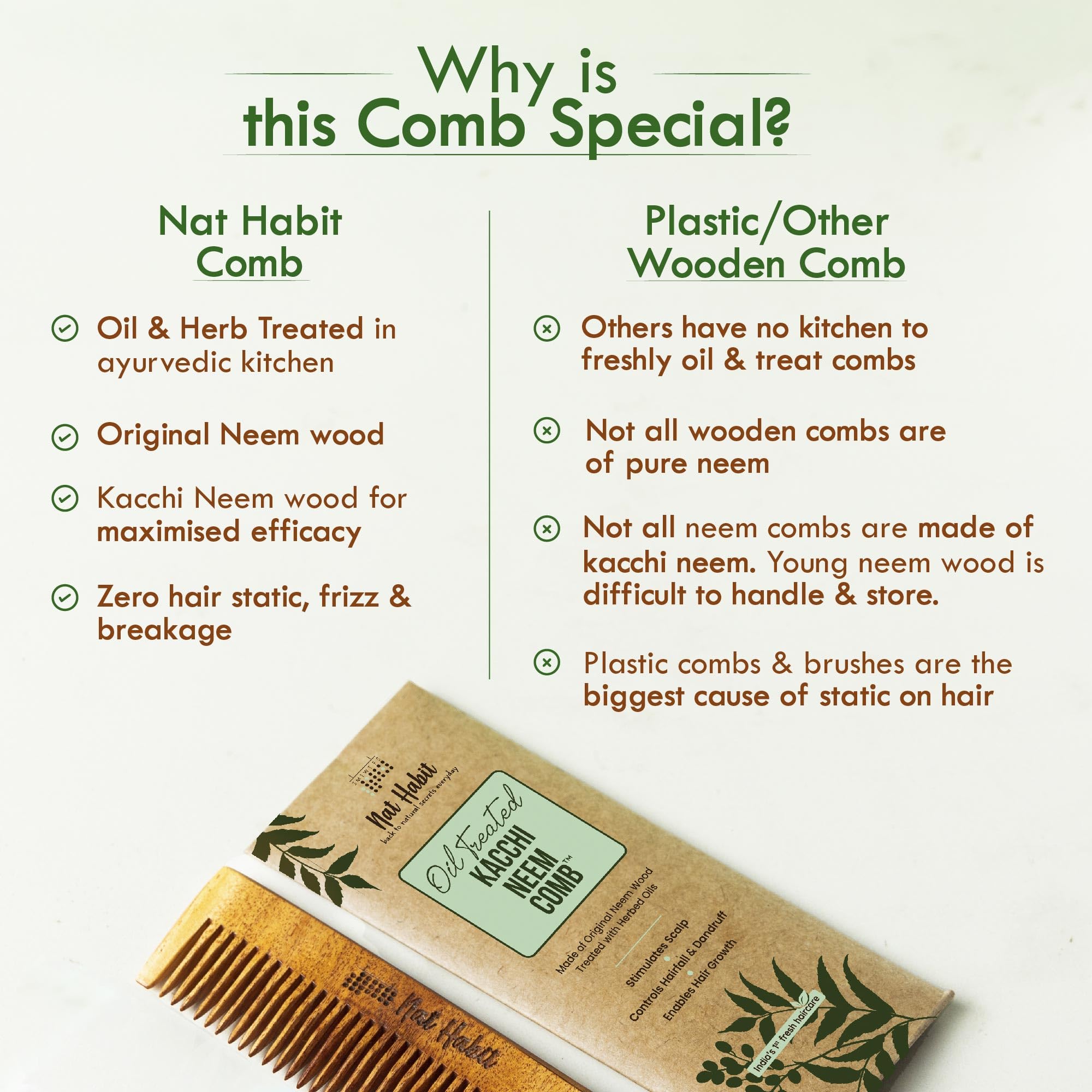 Nat Habit Kacchi Neem Wooden Pocket Comb, Soaked In 13 Herbs, Neem & Sesame Oil - Pocket-Sized & Travel-Friendly For Men & Kids Short Hair (Fine Tooth Pack of 2) – view 6