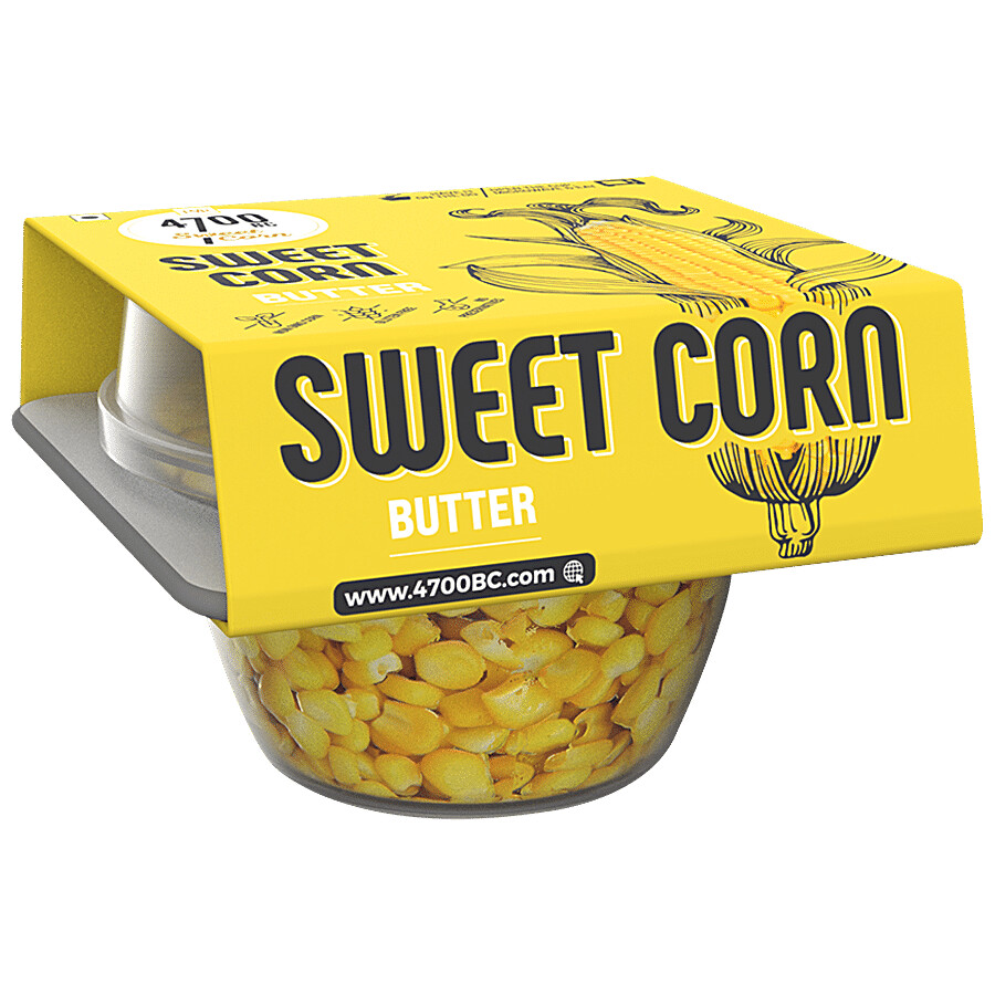 Four 80 g bowls of 4700BC ready to eat sweet corn