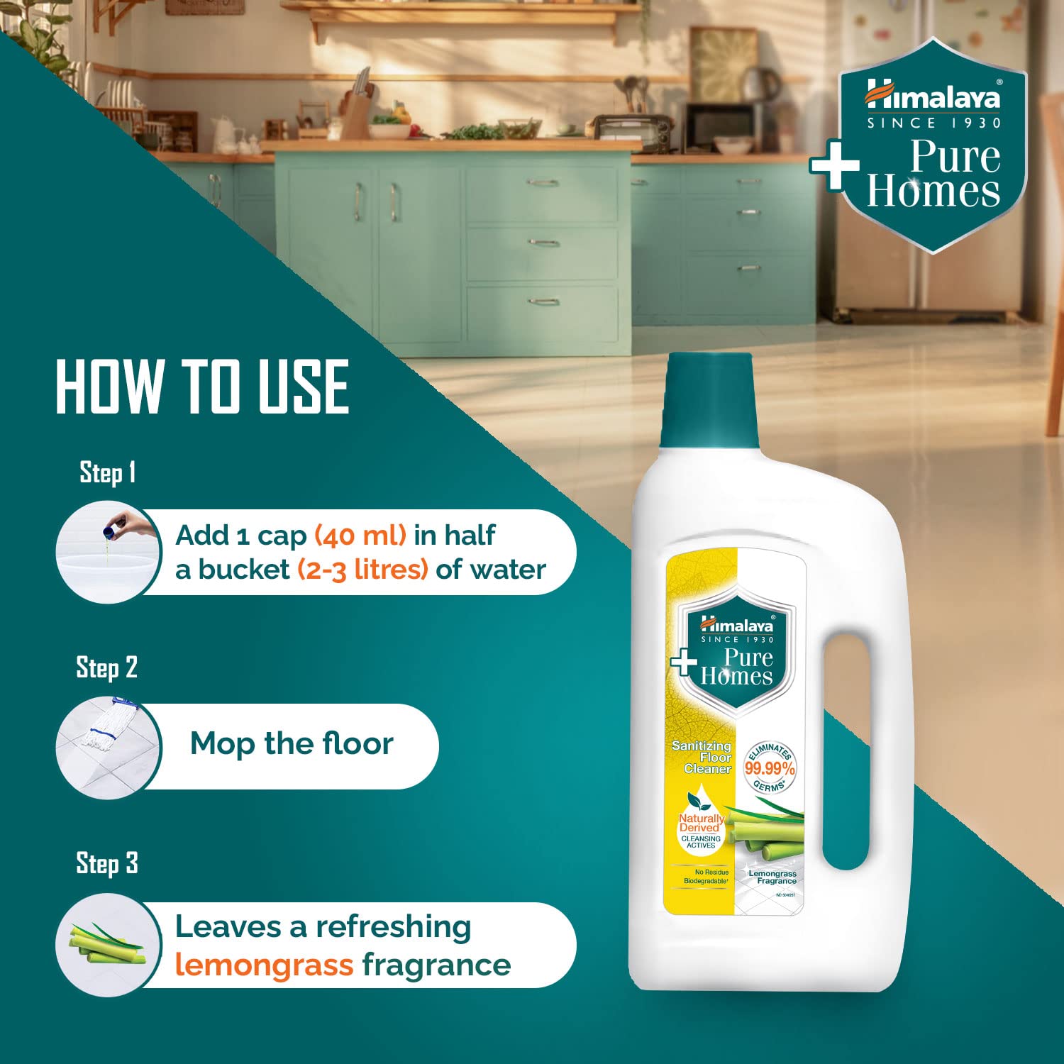 Himalaya Pure Homes Sanitizing Floor Cleaner LEMONGRASS 1 LITRE, Green (RXZER23) – view 5