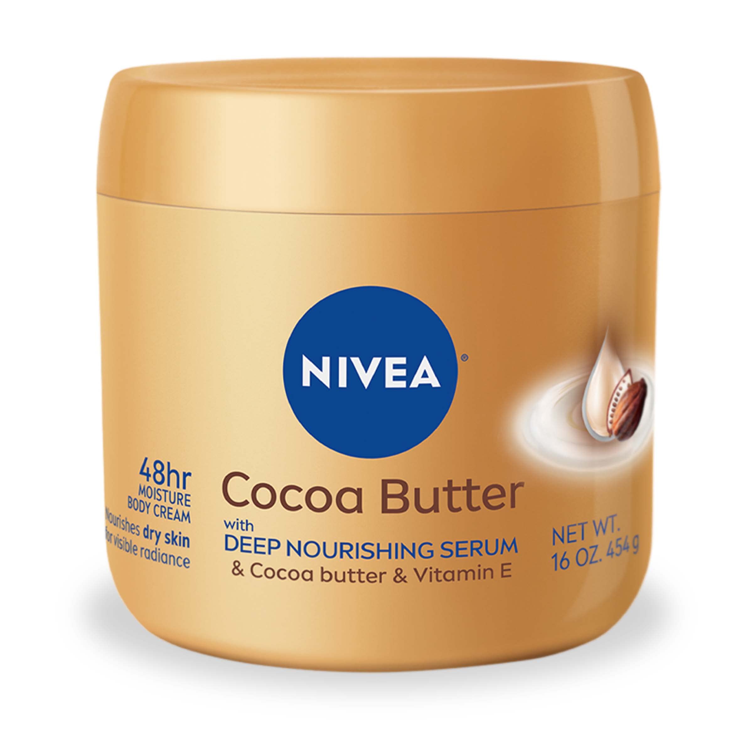 NIVEA cocoa butter moisturizer jar with Deep Nourishing Serum