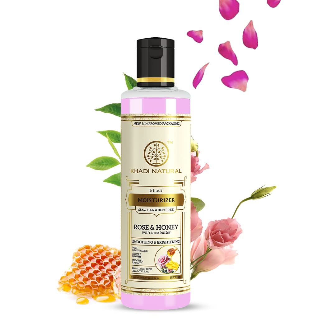 Front view of Khadi Natural rose and honey lotion bottle