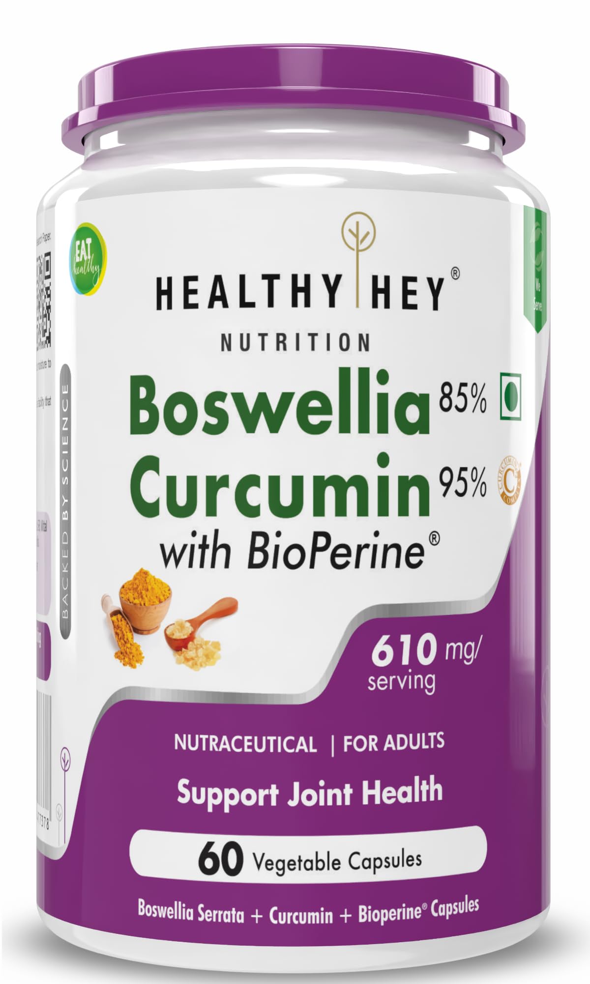 Bottle of HealthyHey Boswellia Serrata Curcumin Bioperine veg capsules