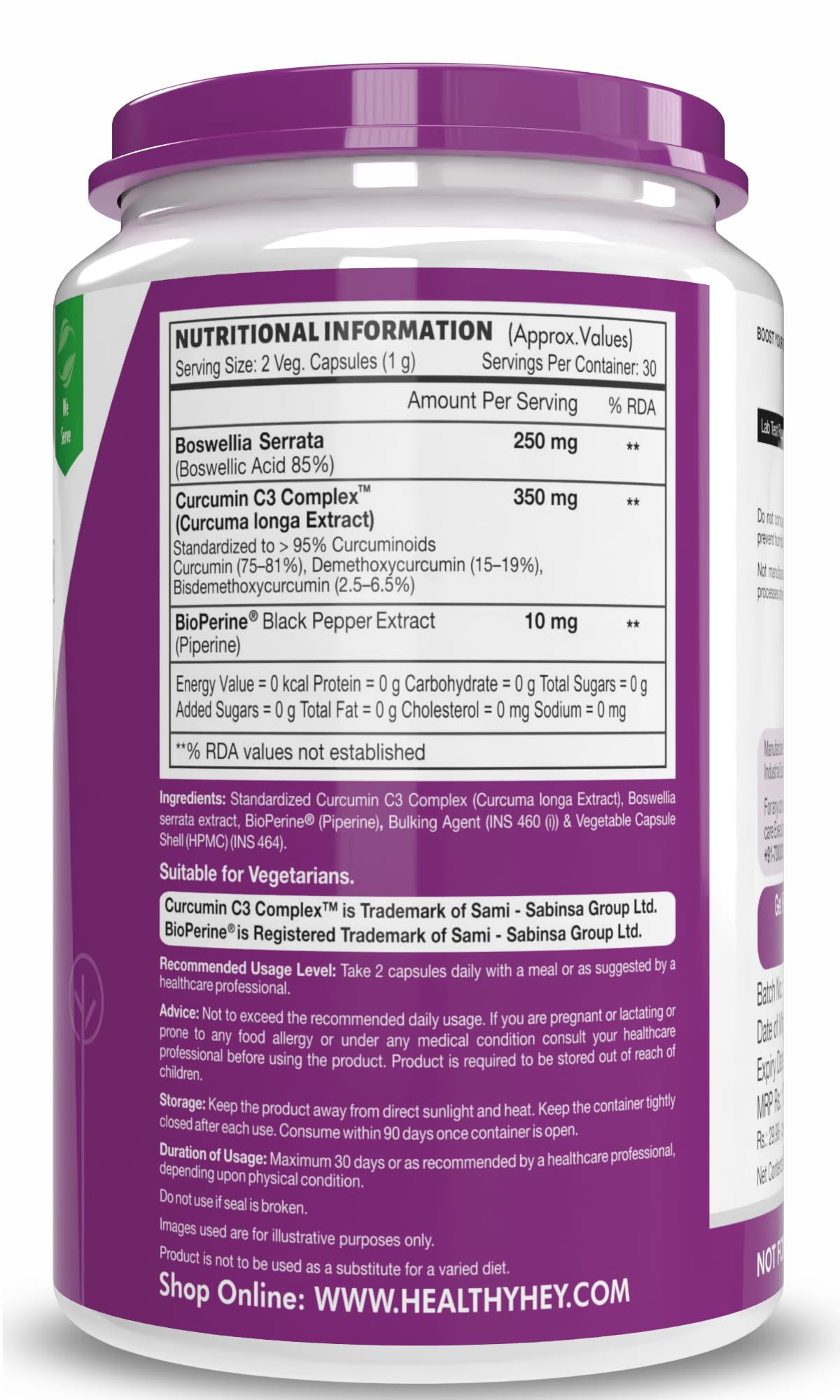 HealthyHey Nutrition Boswellia Serrata & Curcumin with Bioperine - 60 Vegetable Capsules – view 2