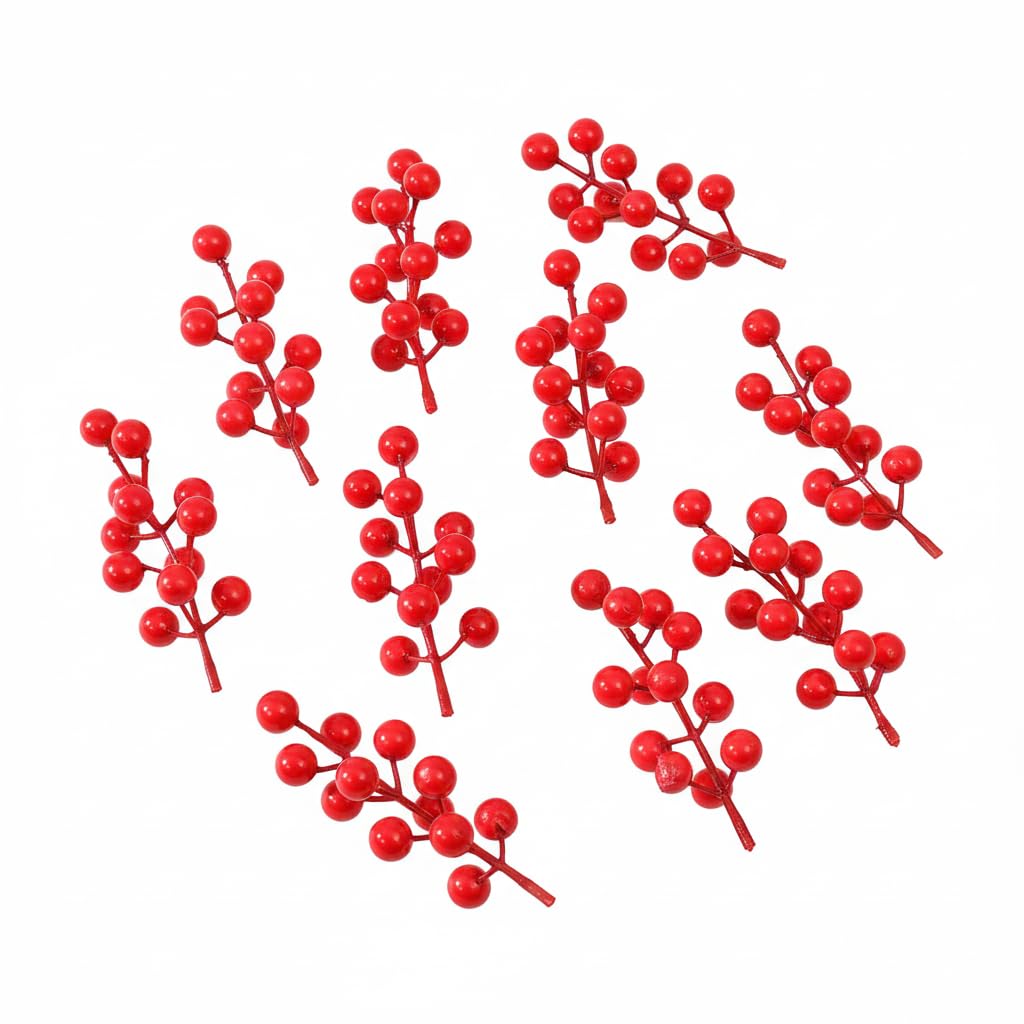 Artificial red cherry stems for Christmas tree and wreath decor