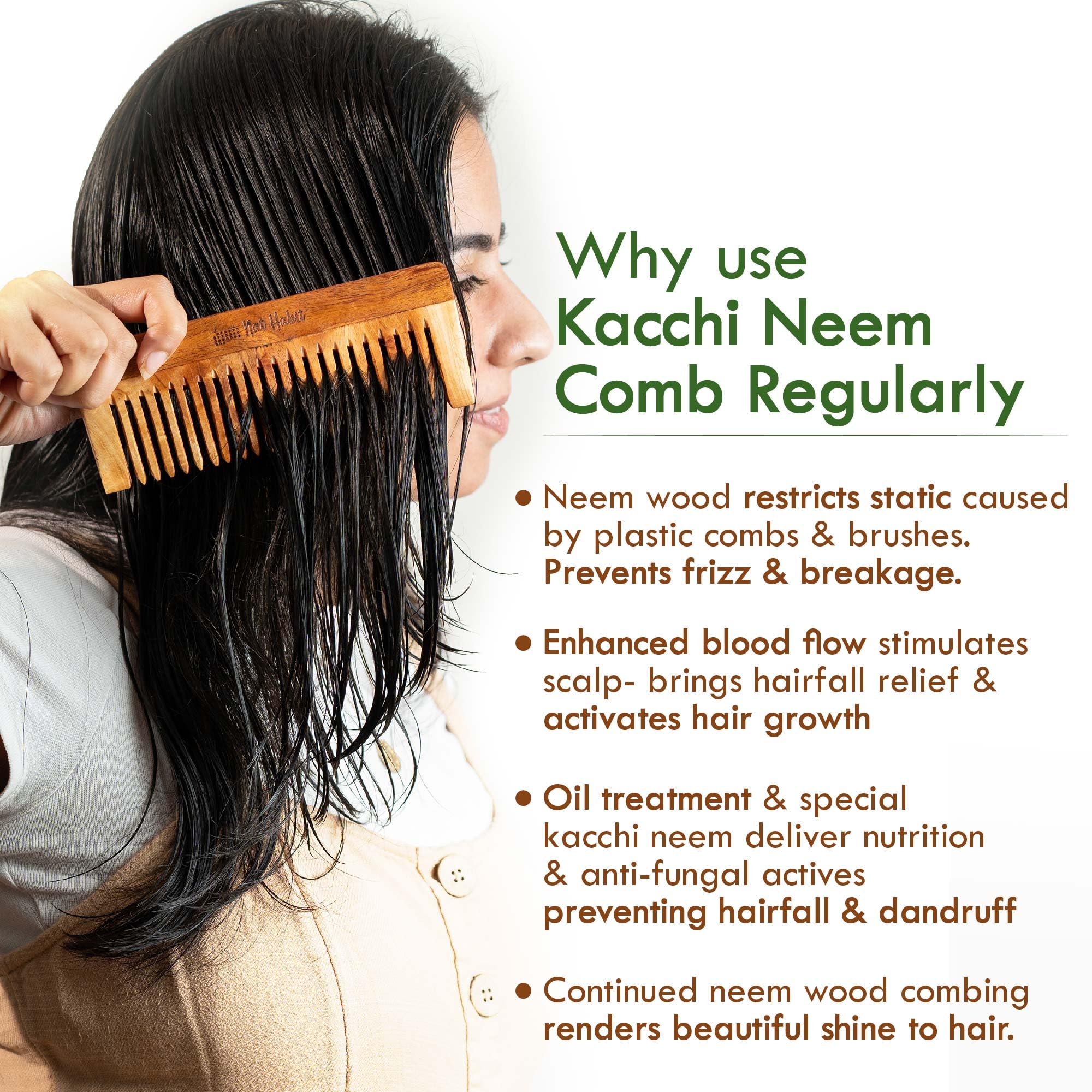 Nat Habit Kacchi Neem Wooden Shampoo Comb, Soaked In 13 Herbs, Neem & Sesame Oil For Post Shampoo Detangling Suited For Long & Thick Hair (Wide Tooth- Large Size) Pack of 1 – view 4