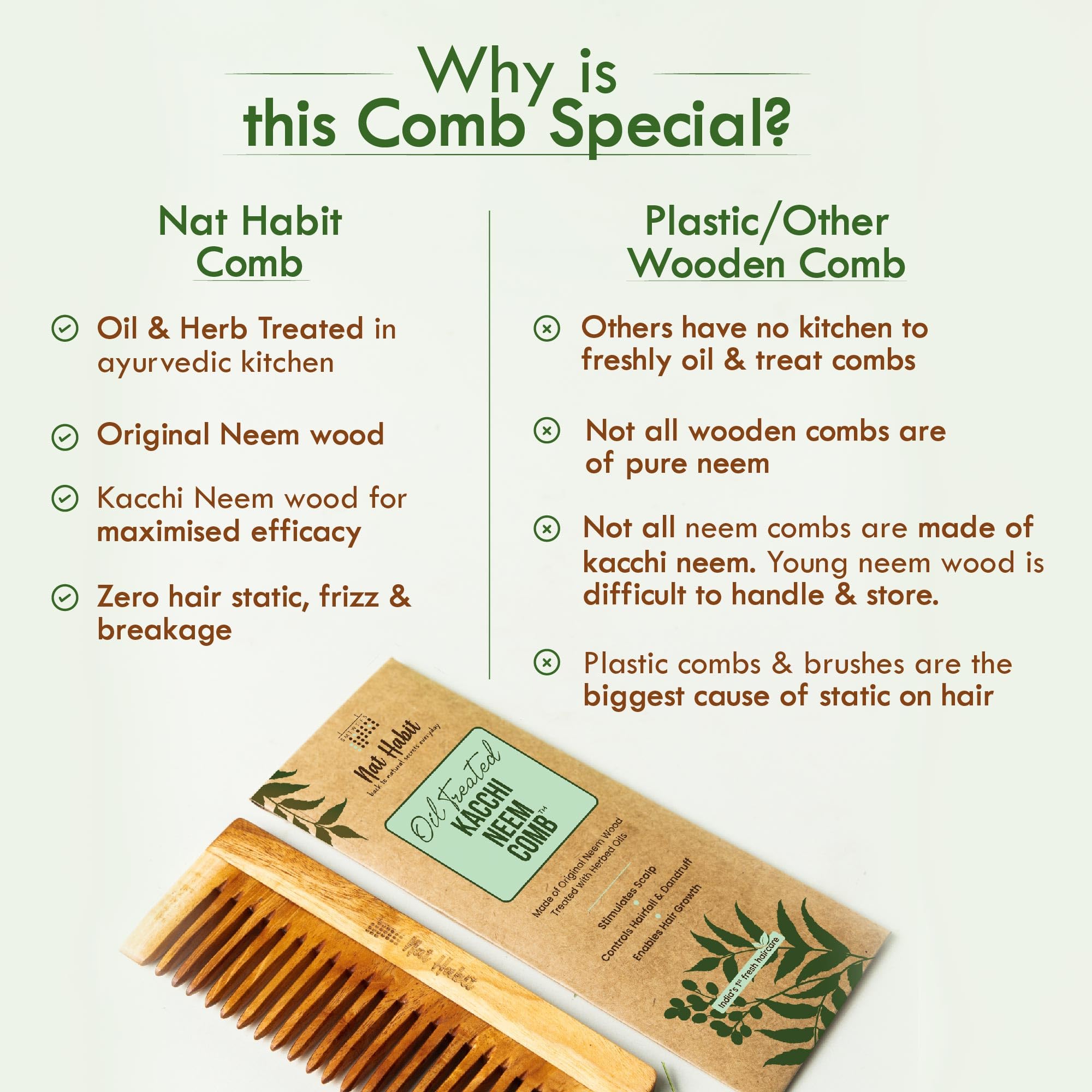 Nat Habit Kacchi Neem Wooden Shampoo Comb, Soaked In 13 Herbs, Neem & Sesame Oil For Post Shampoo Detangling Suited For Long & Thick Hair (Wide Tooth- Large Size) Pack of 1 – view 6
