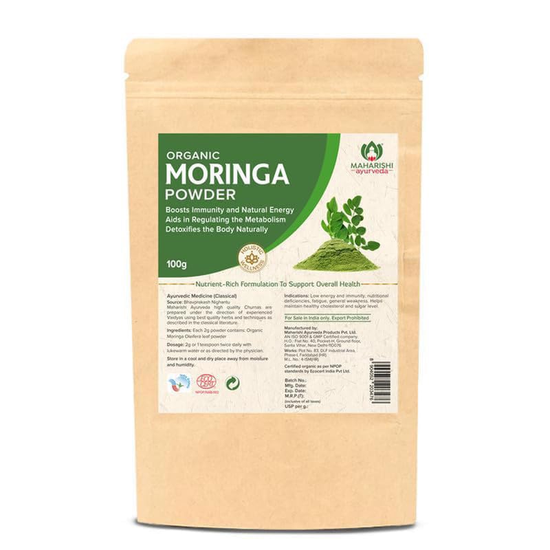 Front pack of Maharishi Ayurveda organic moringa leaf powder