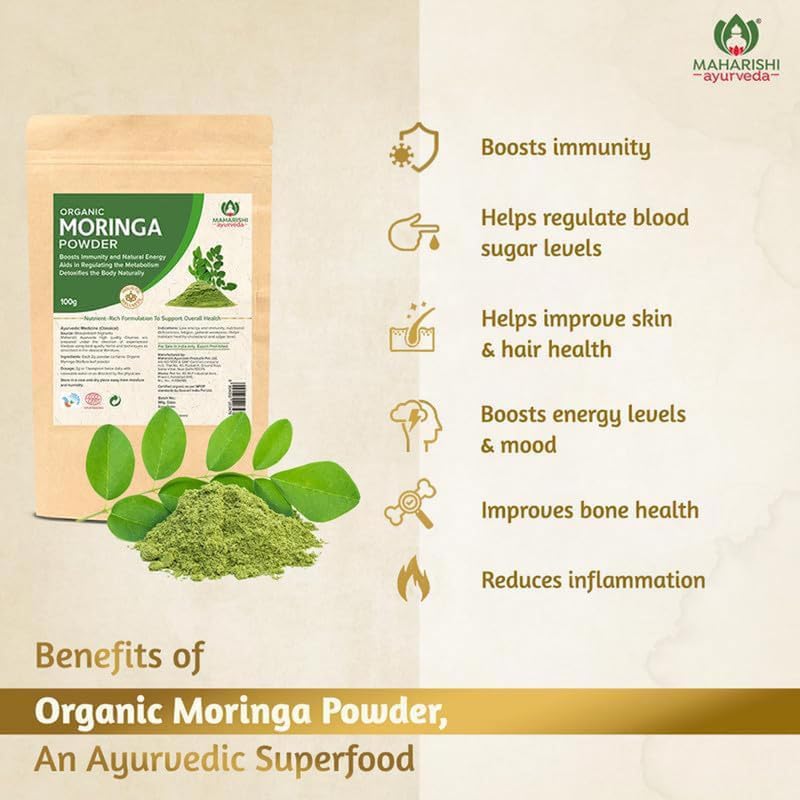 Maharishi Ayurveda Organic Moringa Powder - 100g Pack of 1 Certified Organic Moringa Churna from Pure Moringa Leaves for Skin & Hair Health, Detoxification and Natural Source of Protein – view 2
