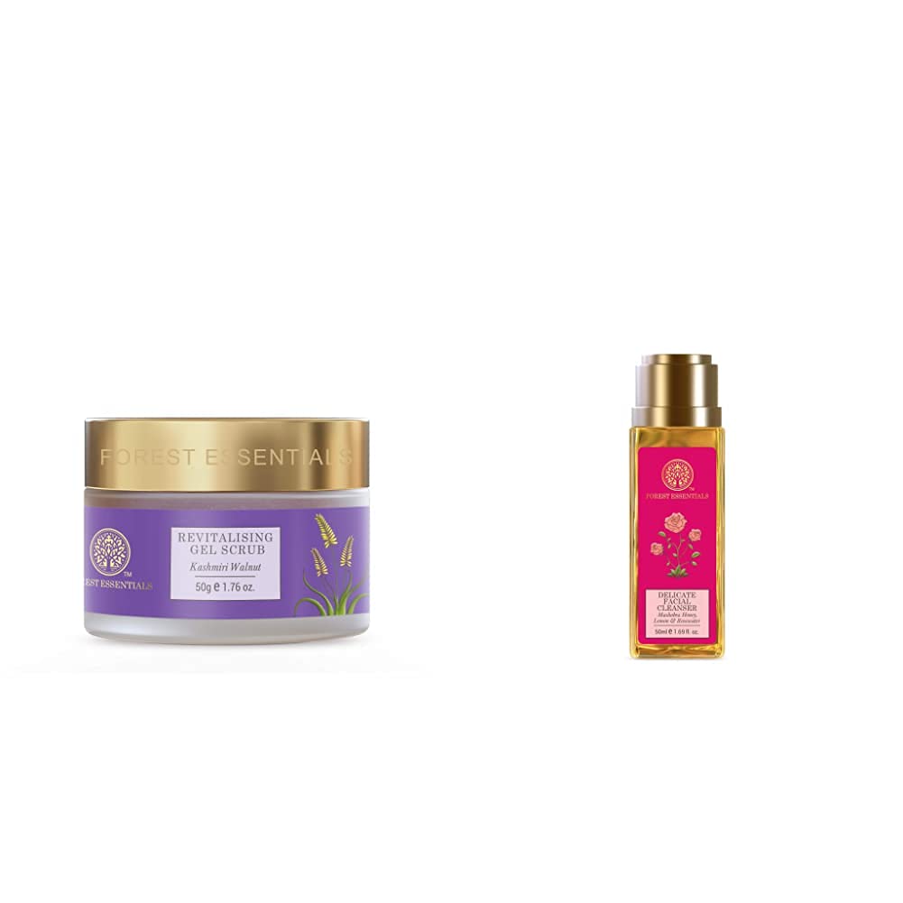 Forest Essentials scrub with travel size rosewater honey lemon cleanser