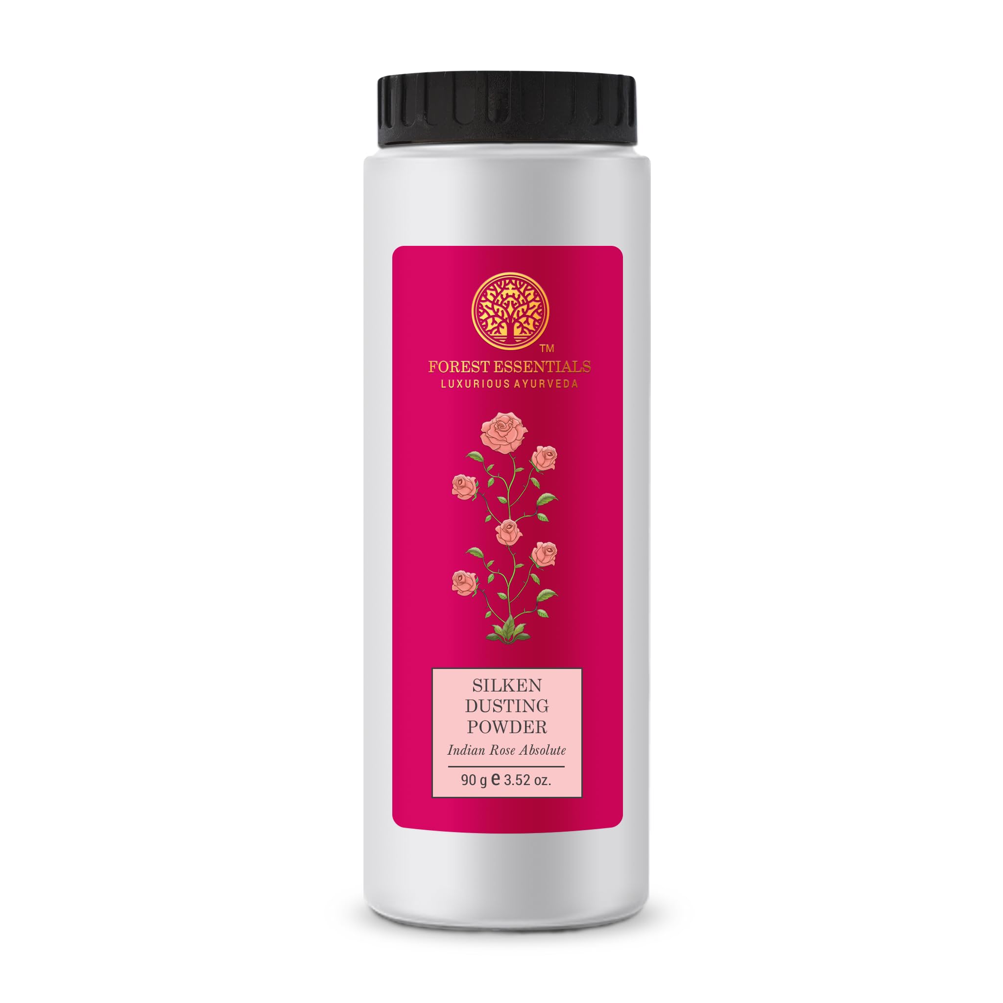 Forest Essentials talc-free Indian rose dusting powder front bottle view
