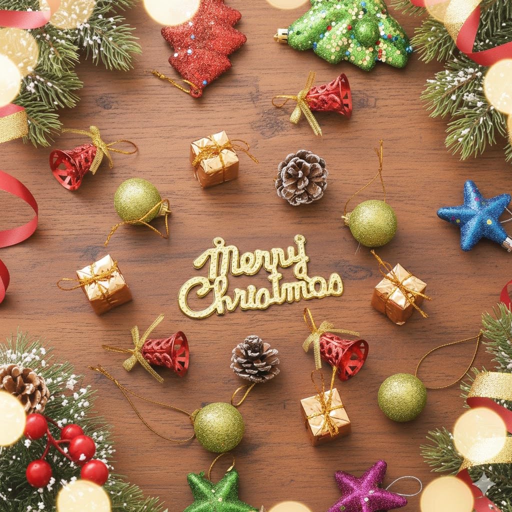 Traditional multicolor Christmas tree ornaments with bell, gift and flower shapes