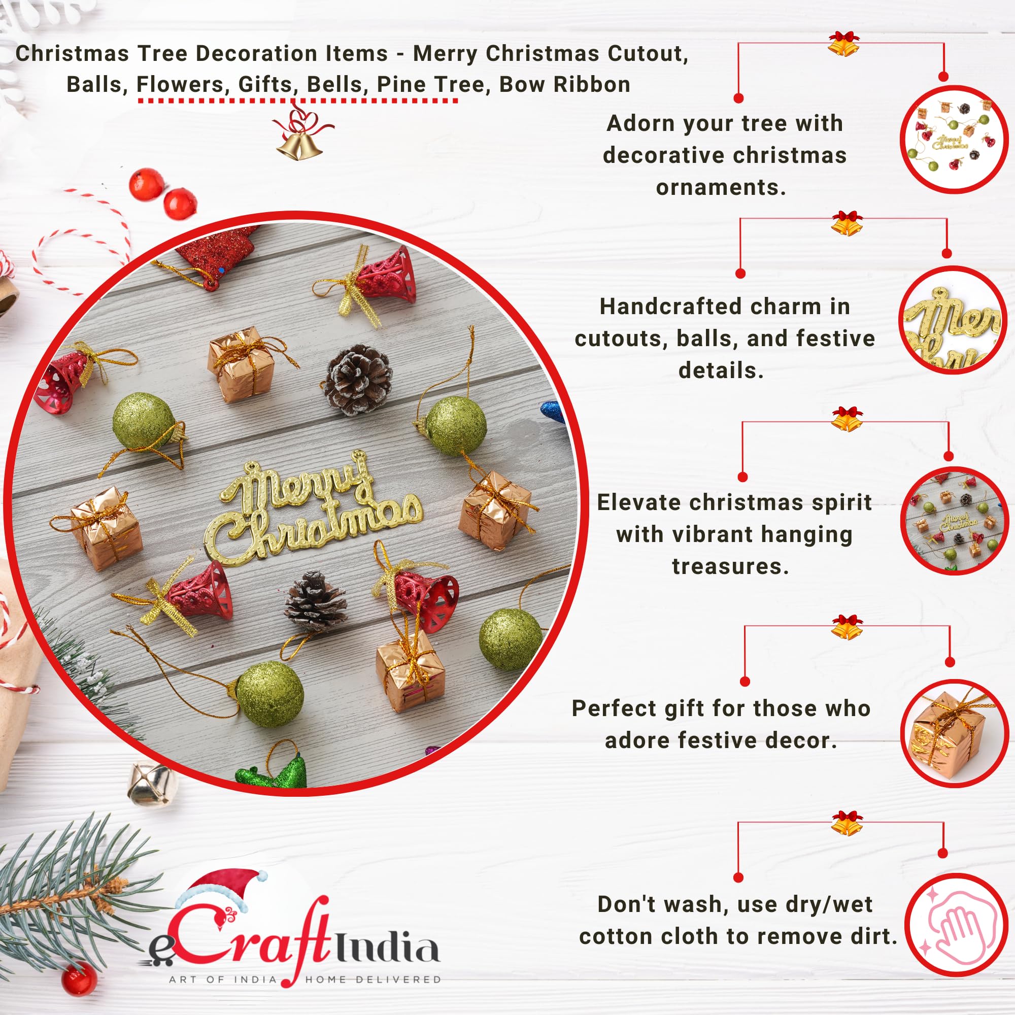eCraftIndia Christmas Tree Decoration Items Merry Xmas Cutout Flowers Gifts Bells Balls (Pack of 15) Hanging Ornaments Props Christmas Decorations for Home Office – view 5